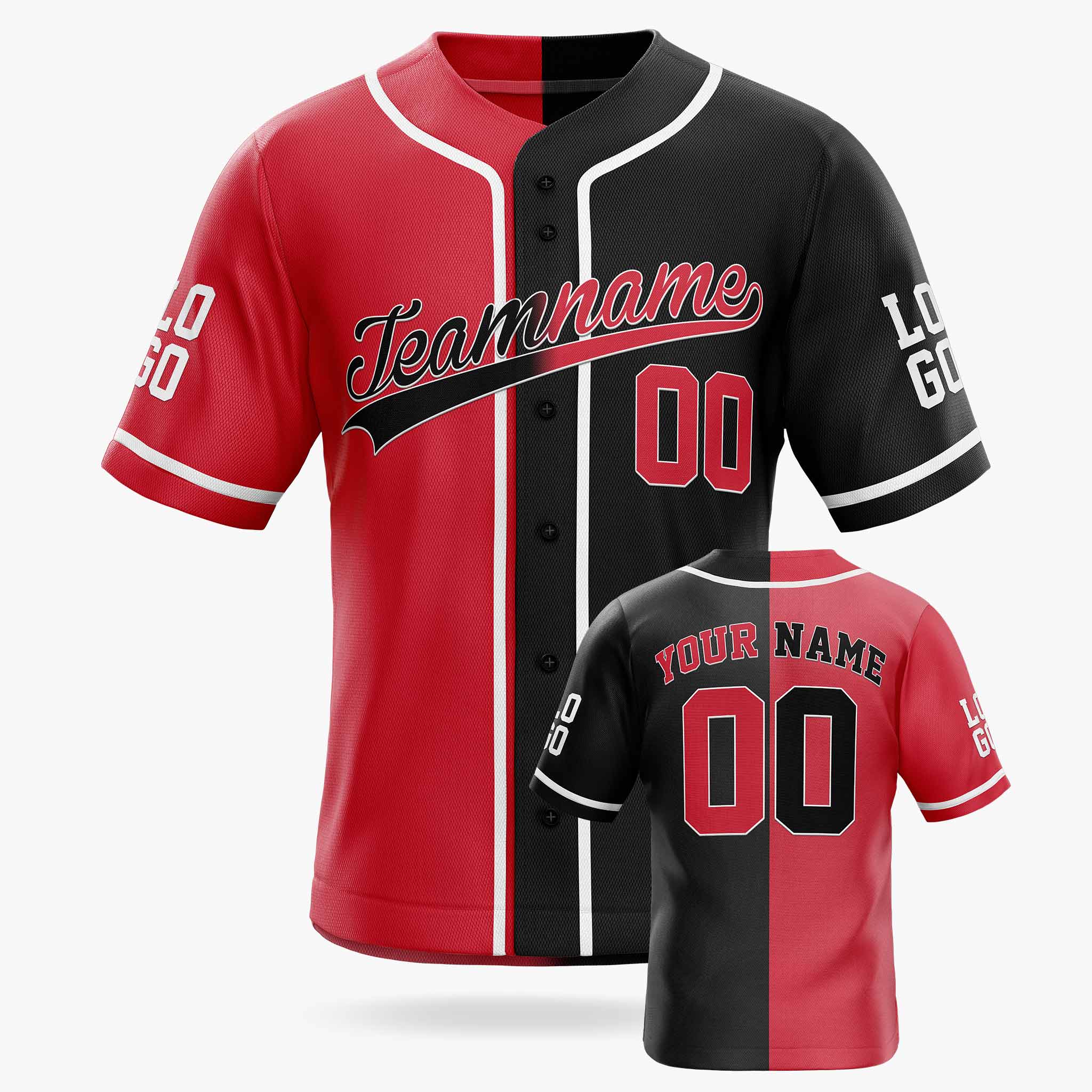 Custom Split Baseball Jersey Red and Black With White Piping - Design Your Own