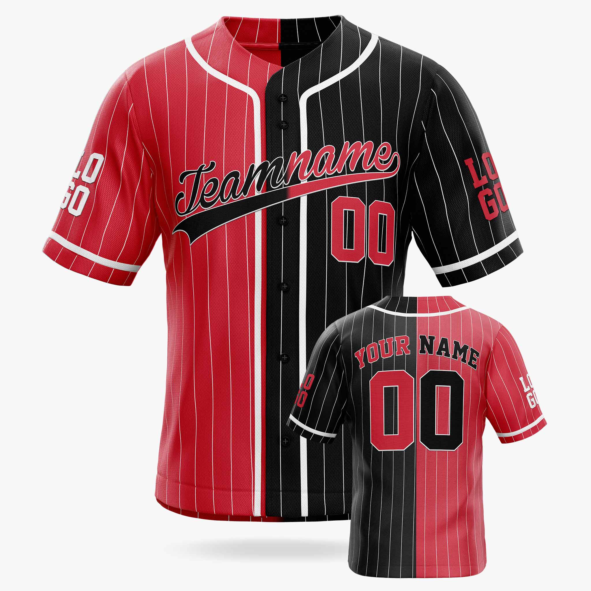 Custom Pinstripe Split Baseball Jersey Red and Black with White Piping - Design Your Own