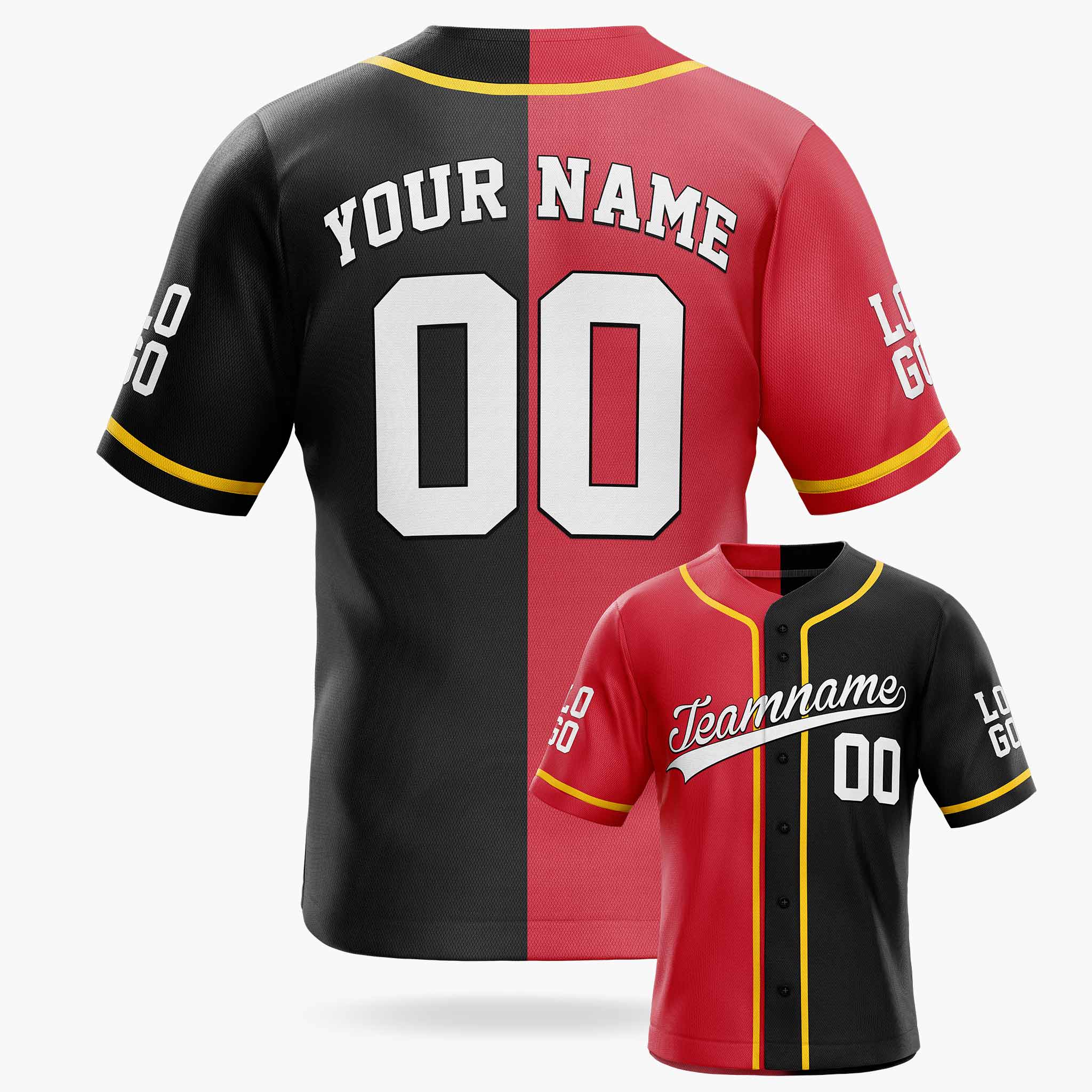 Custom Split Baseball Jersey Red and Black With Yellow Piping - Design Your Own