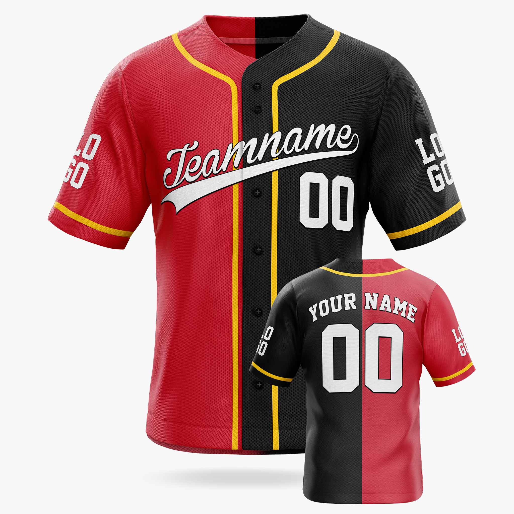 Custom Split Baseball Jersey Red and Black With Yellow Piping - Design Your Own