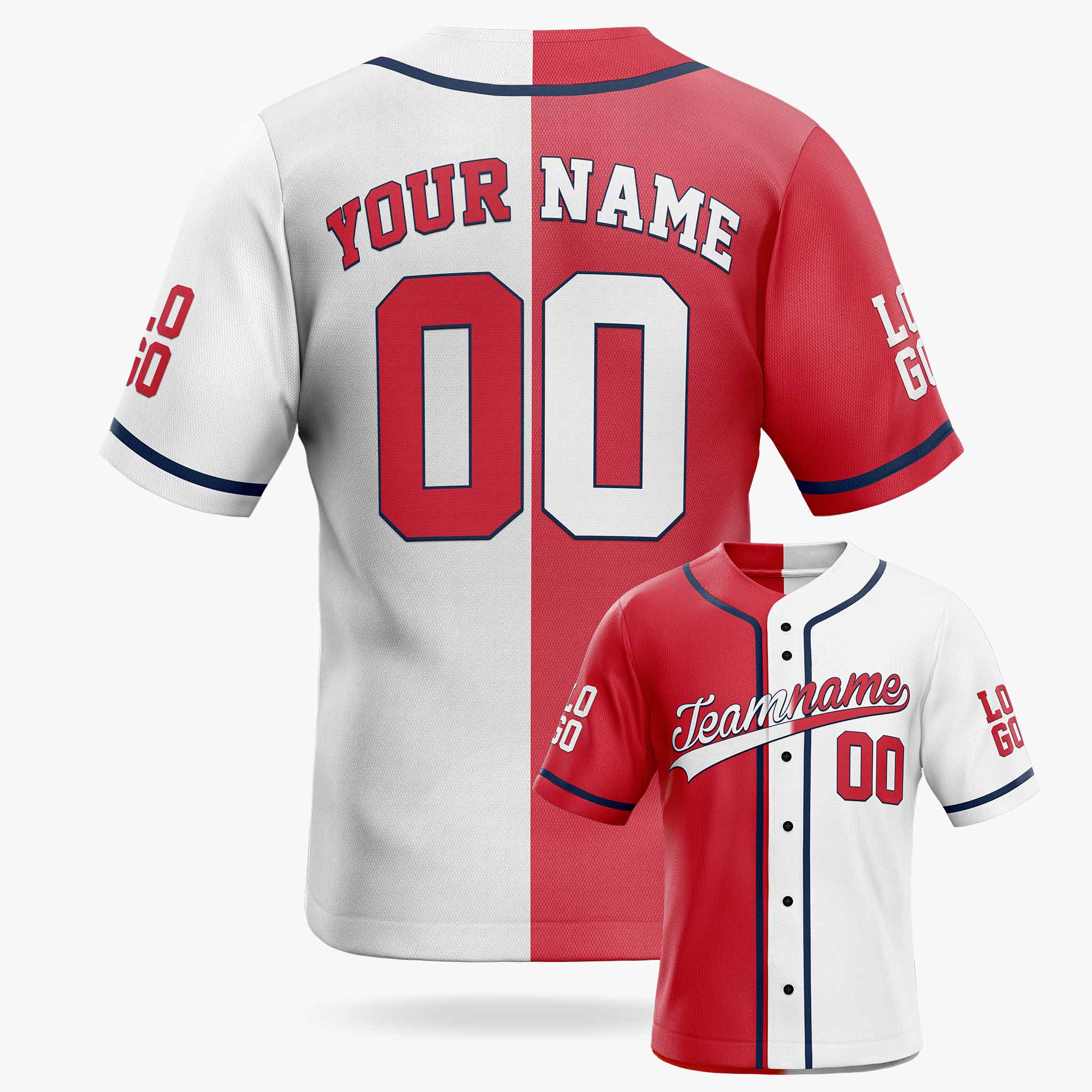 Custom Split Baseball Jersey Red and White with Navy Piping - Design Your Own
