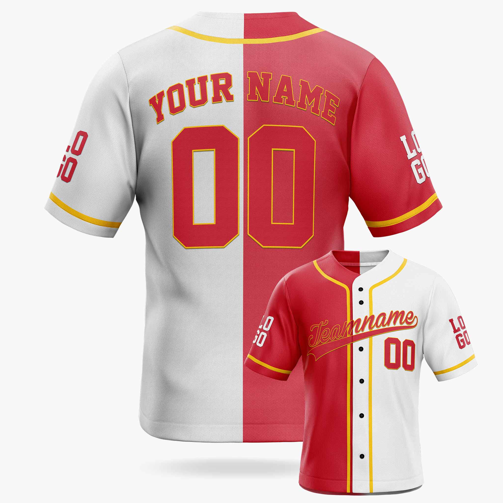 Custom Split Baseball Jersey Red and White With Yellow Piping - Design Your Own