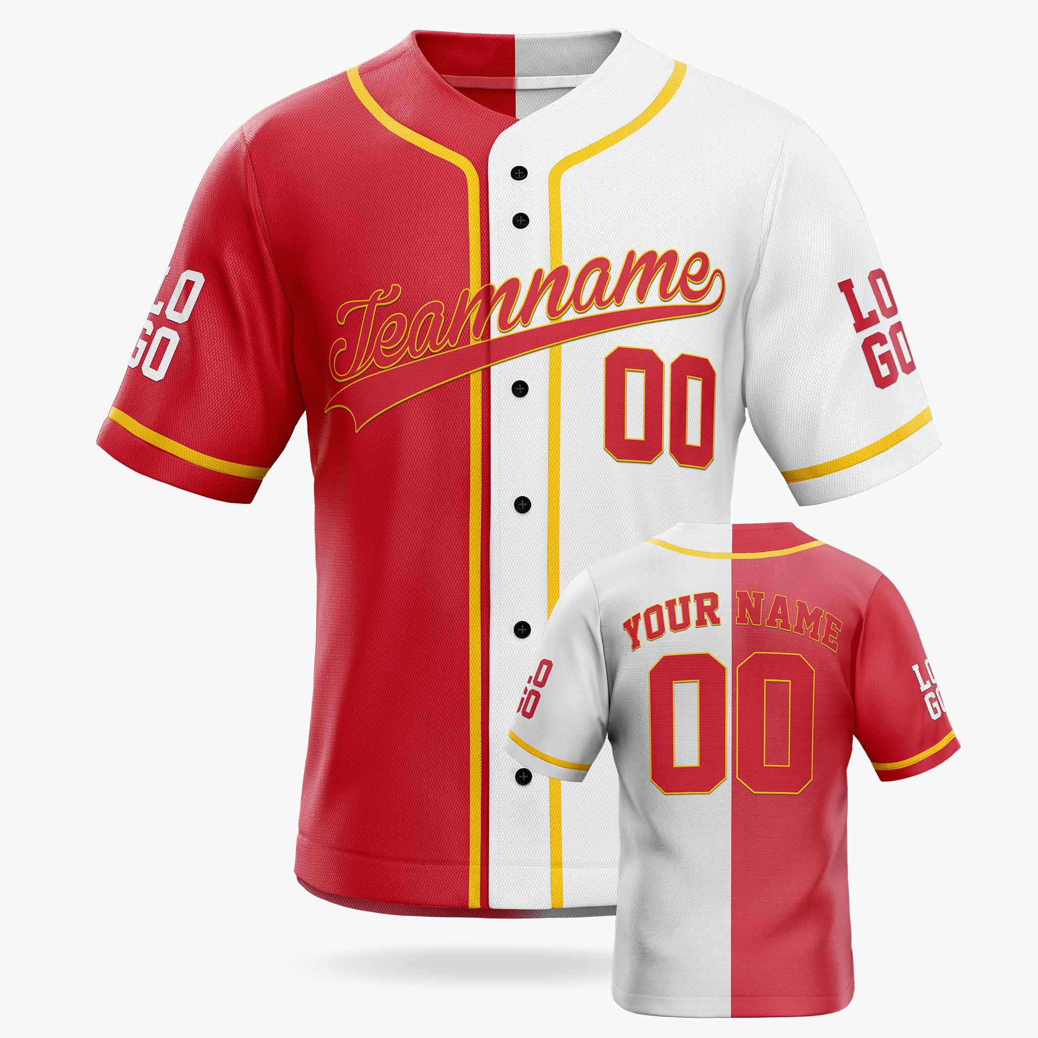 Custom Split Baseball Jersey Red and White With Yellow Piping - Design Your Own