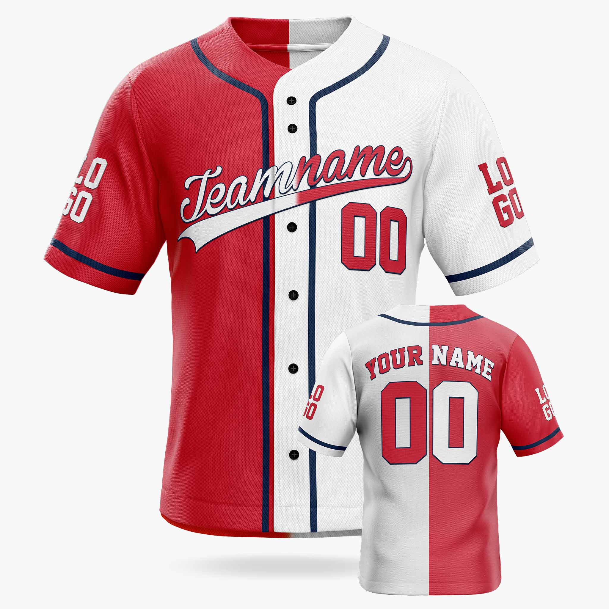 Custom Split Baseball Jersey Red and White with Navy Piping - Design Your Own
