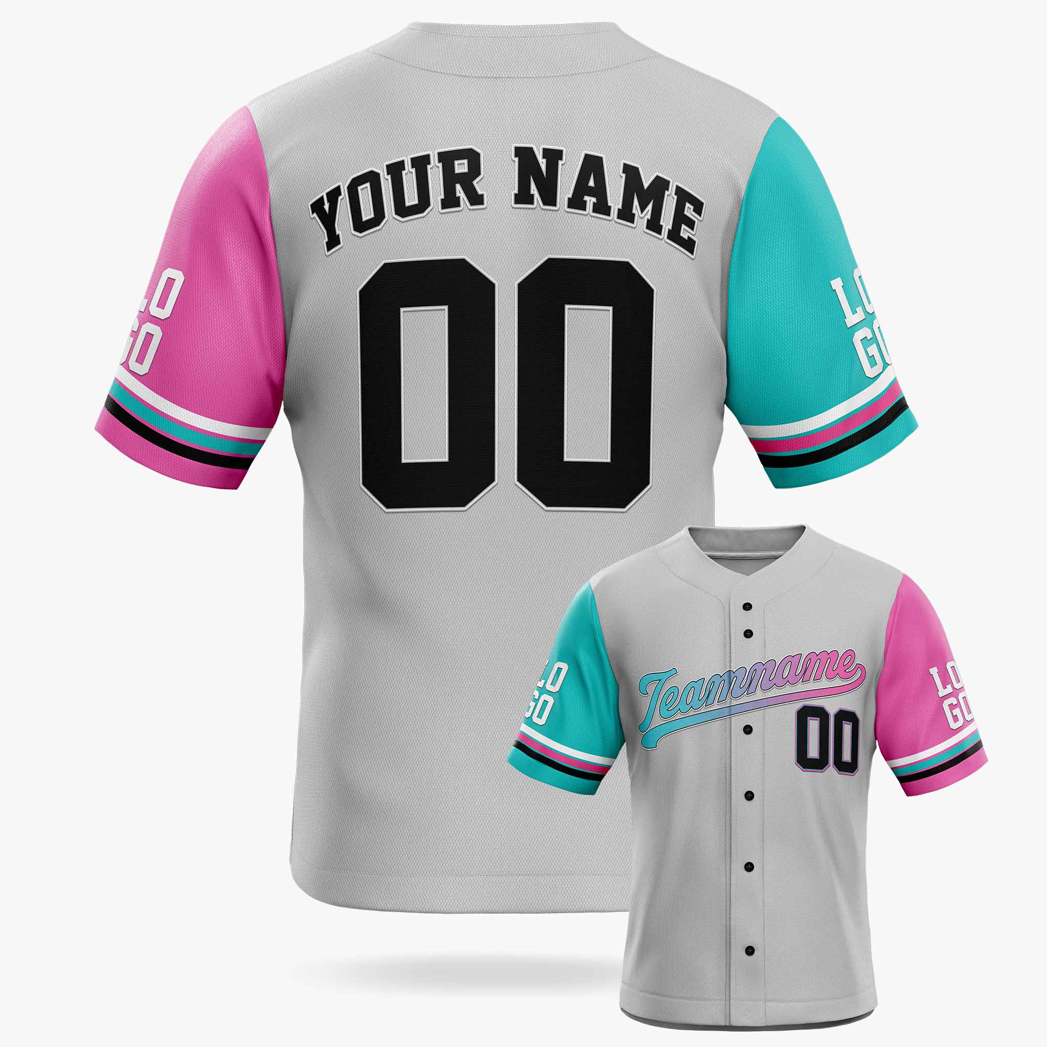 Custom Baseball Jersey Silver Aqua Pink and Black - Design Your Own