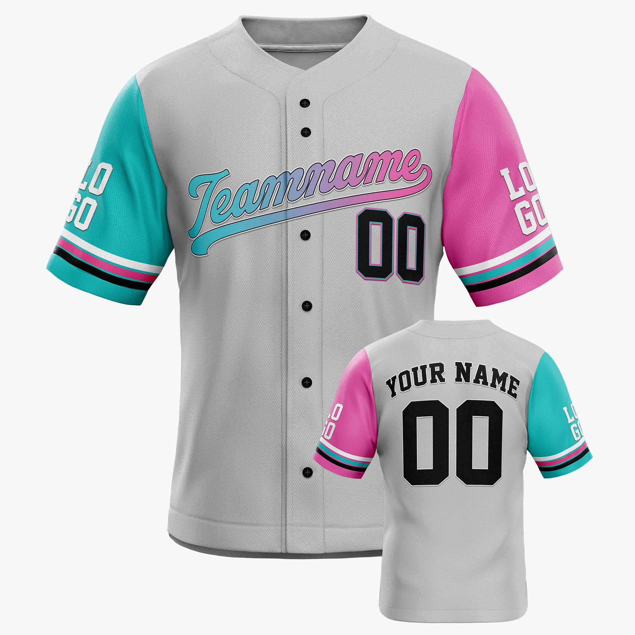 Custom Baseball Jersey Silver Aqua Pink and Black - Design Your Own