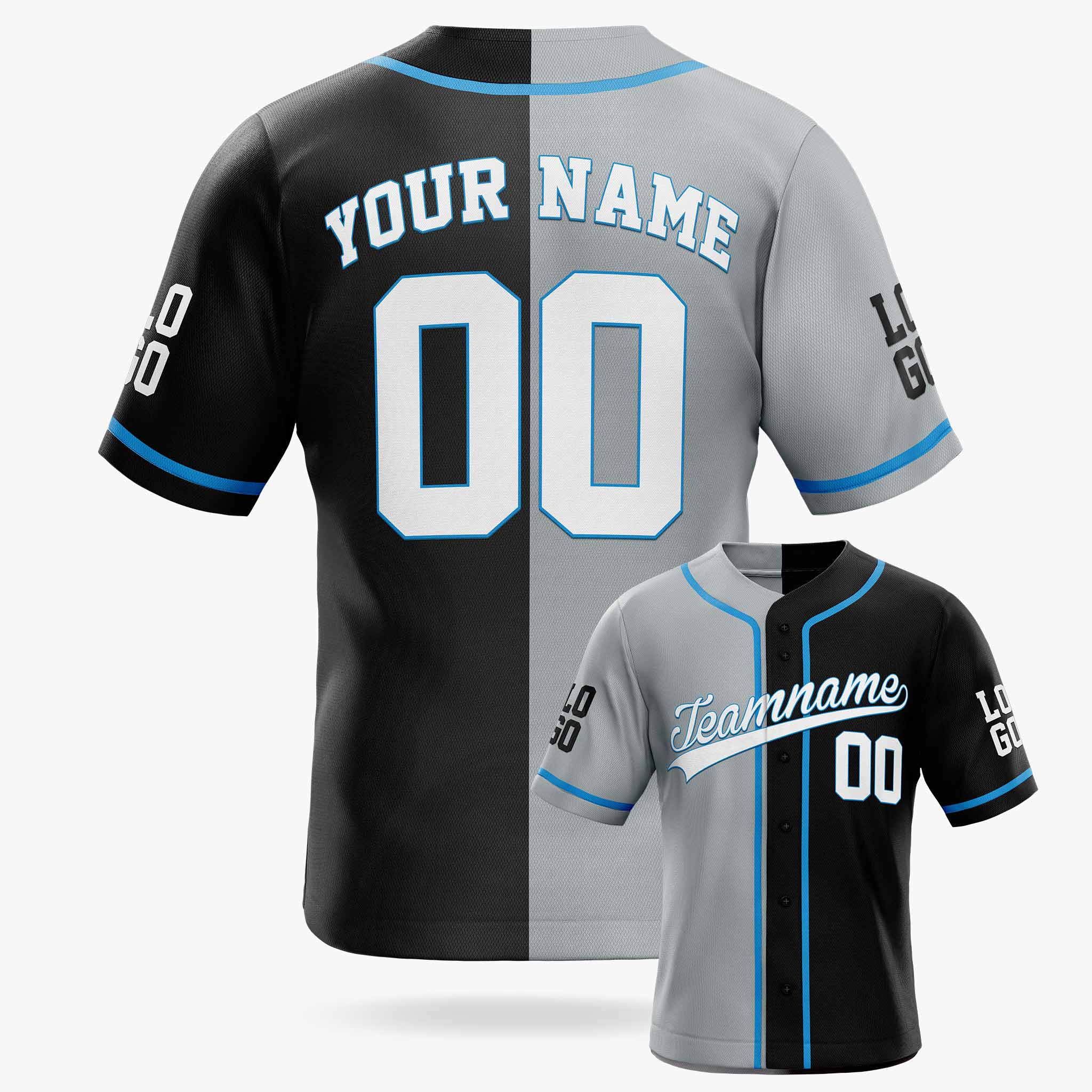 Custom Split Baseball Jersey Silver and Black with Blue Piping - Design Your Own