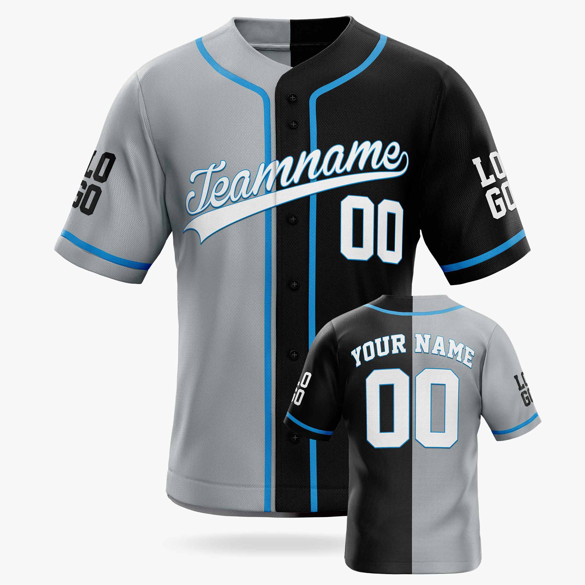 Custom Split Baseball Jersey Silver and Black with Blue Piping - Design Your Own