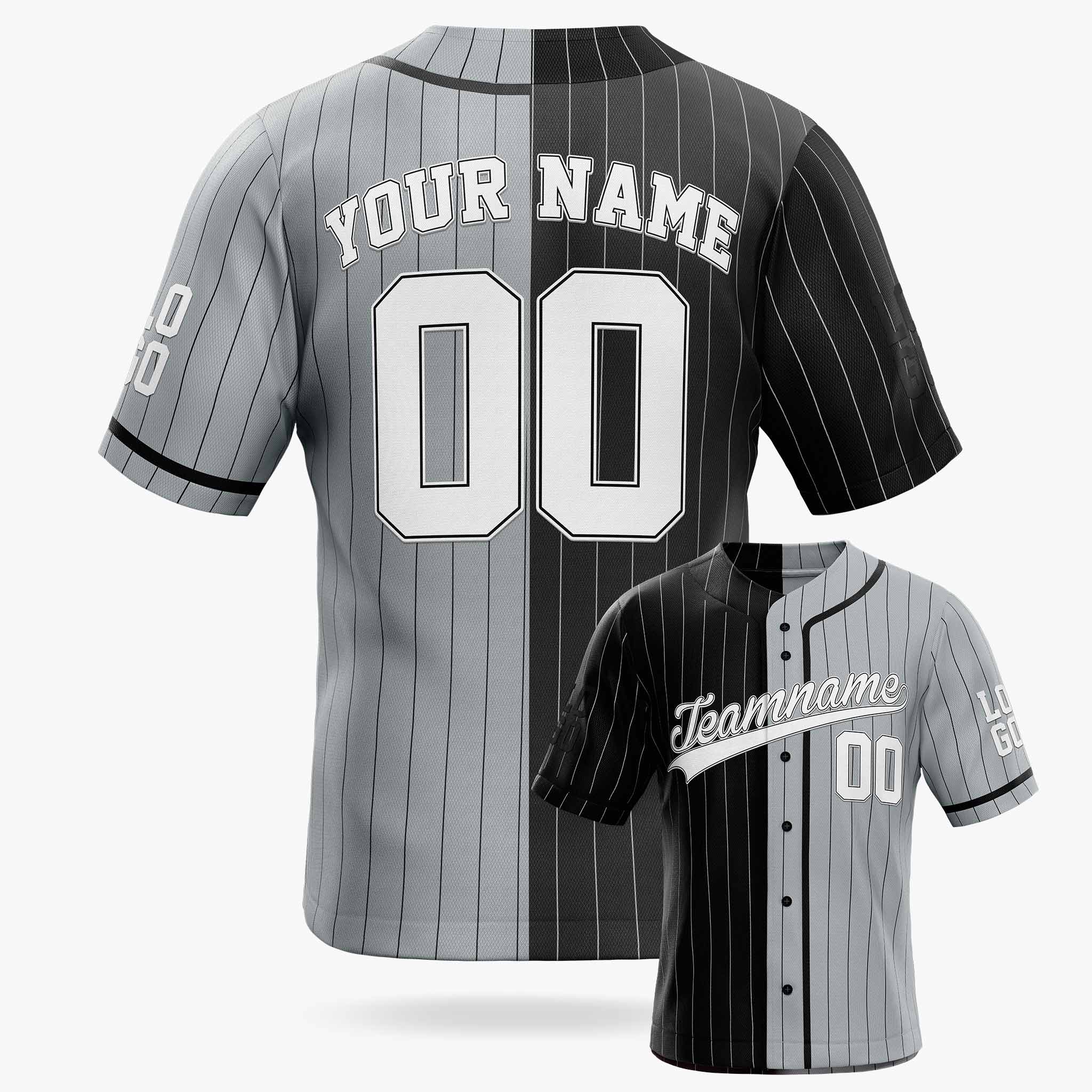 Custom Pinstripe Split Baseball Jersey Silver and Black with Piping - Design Your Own
