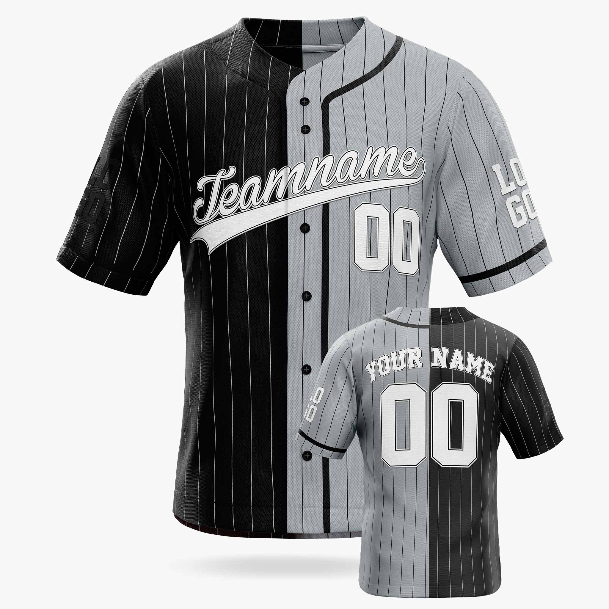 Custom Pinstripe Split Baseball Jersey Silver and Black with Piping - Design Your Own