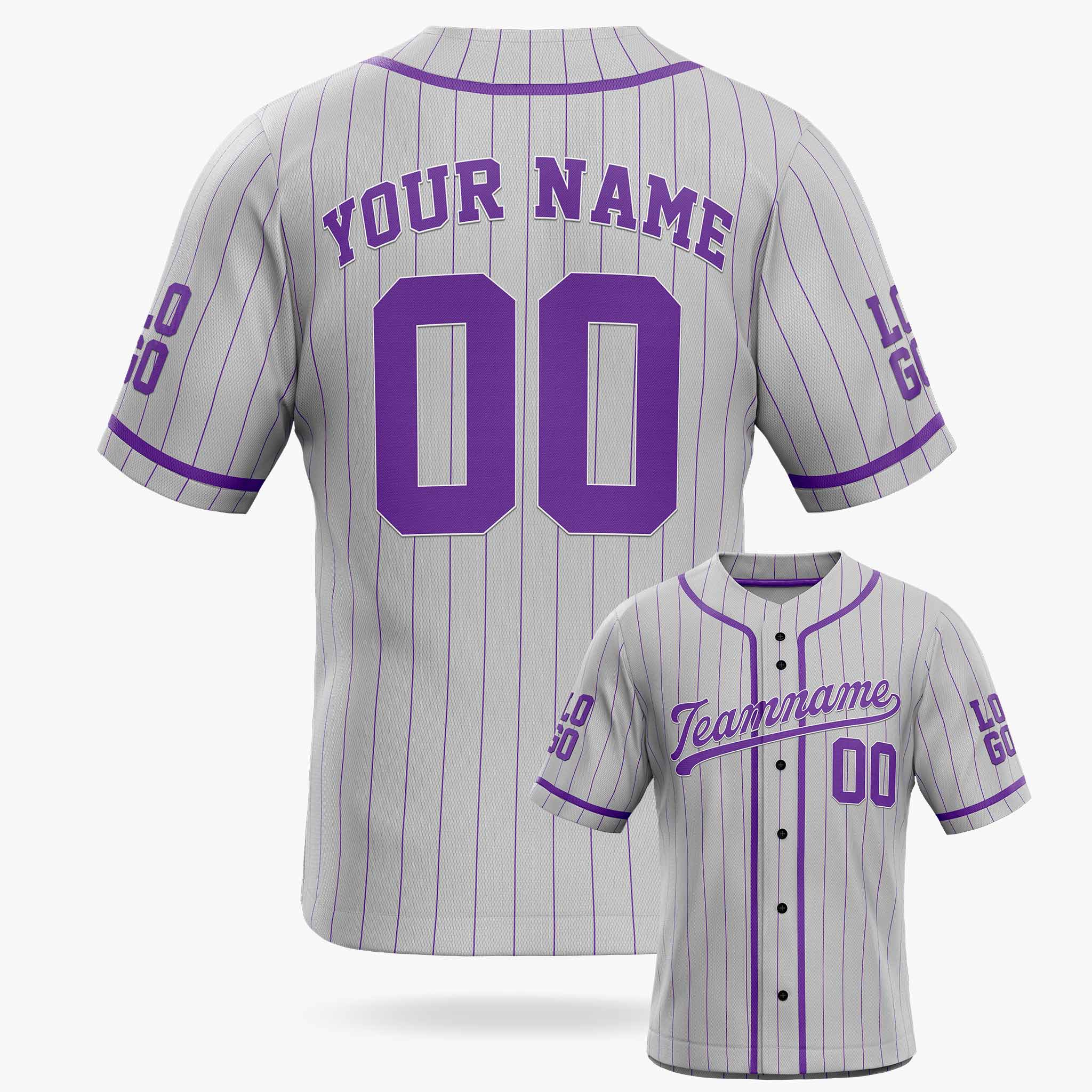 Custom Pinstripe Baseball Jersey Silver and Purple With Piping - Design Your Own
