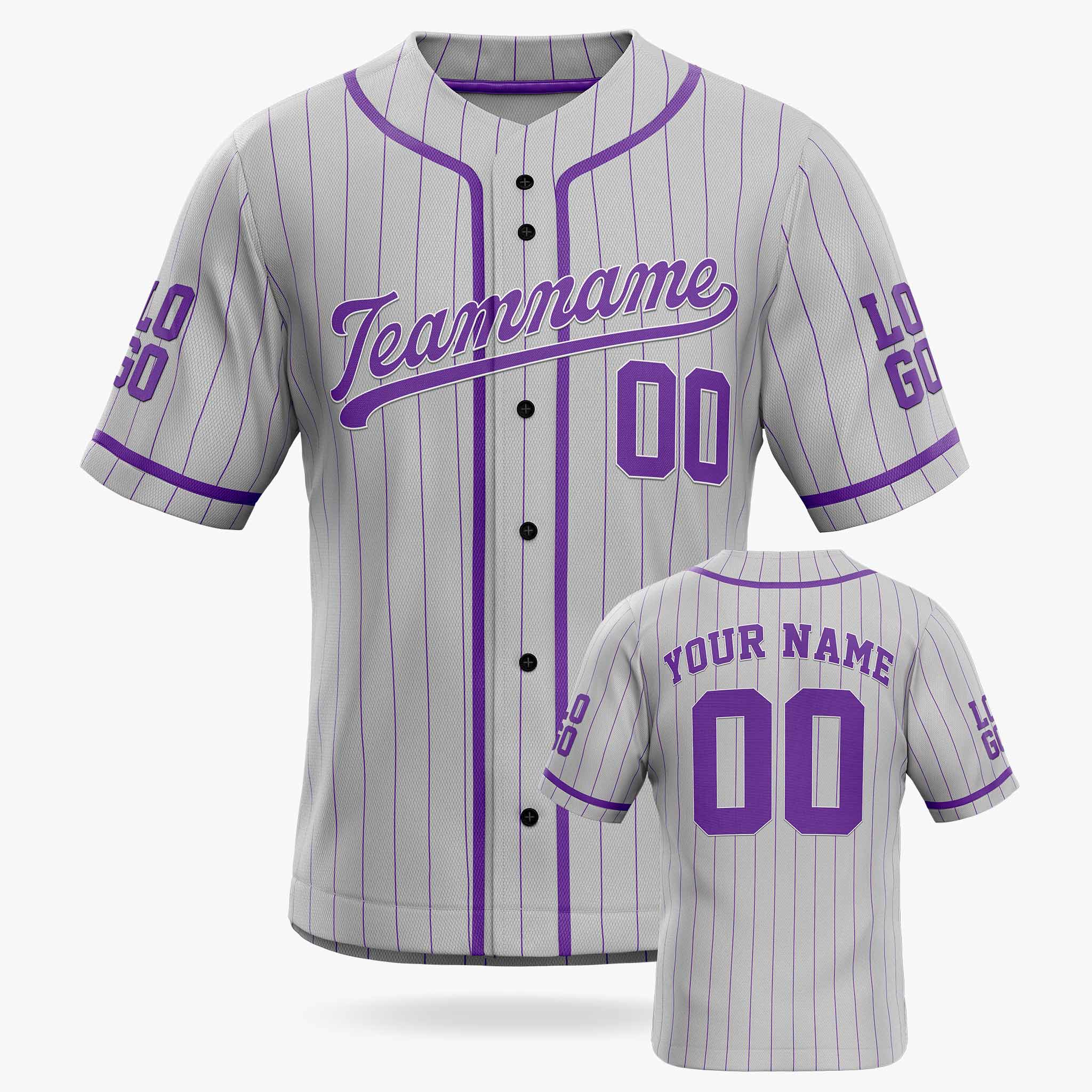 Custom Pinstripe Baseball Jersey Silver and Purple With Piping - Design Your Own