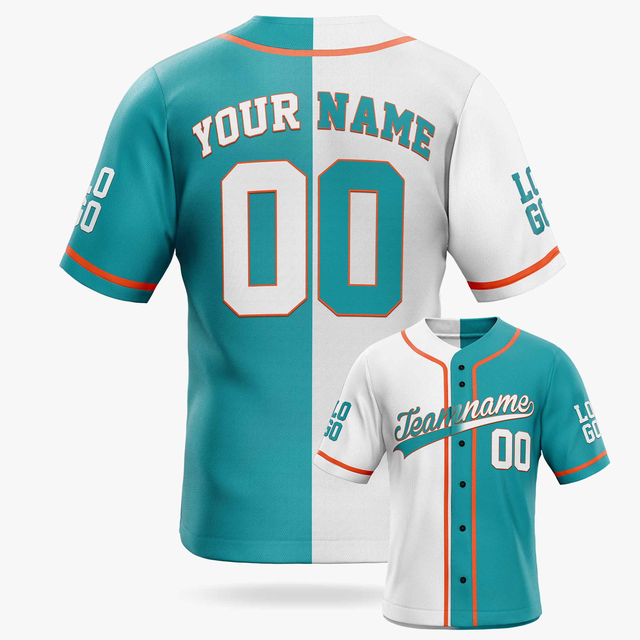 Custom Split Baseball Jersey White and Aqua with Orange Piping - Design Your Own