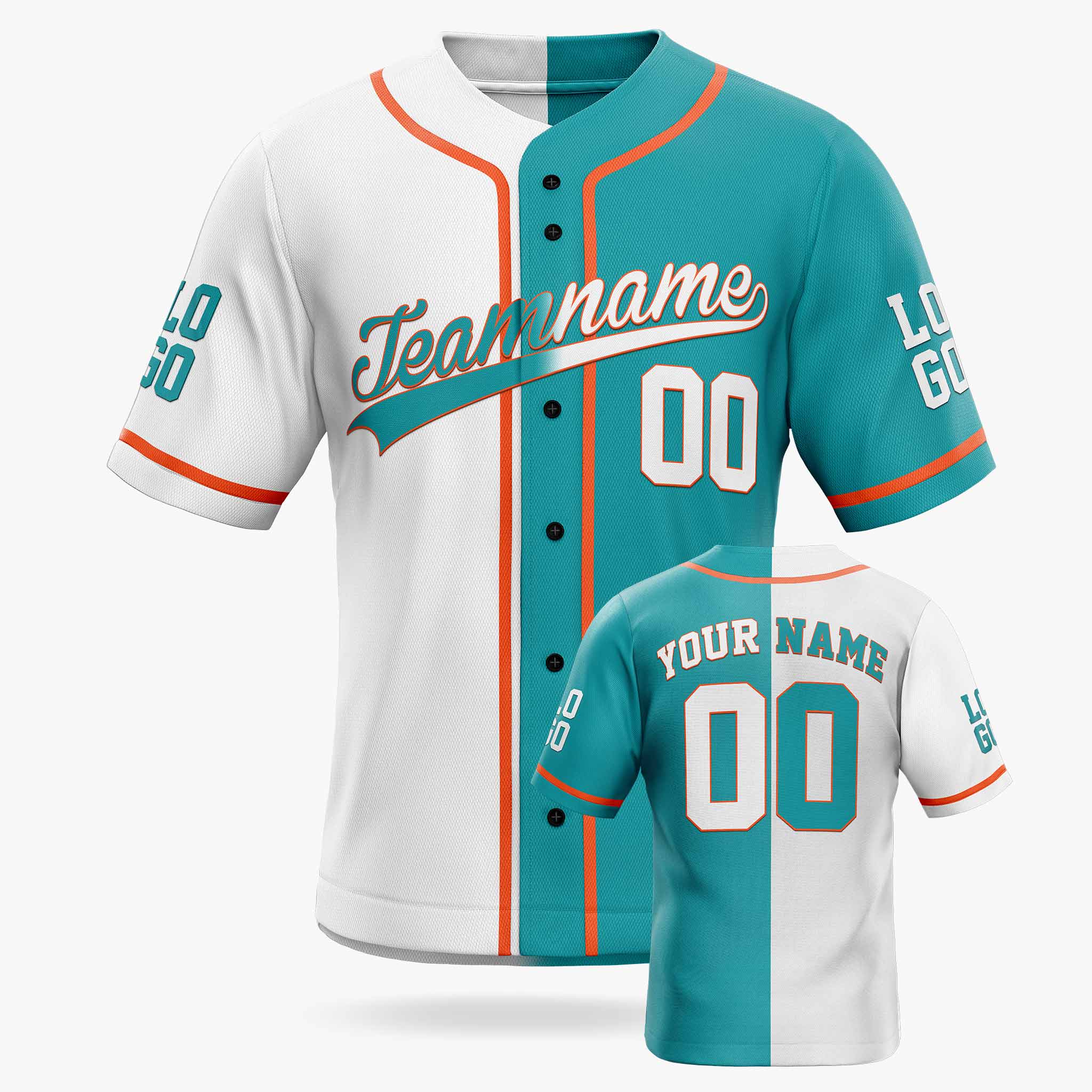 Custom Split Baseball Jersey White and Aqua with Orange Piping - Design Your Own