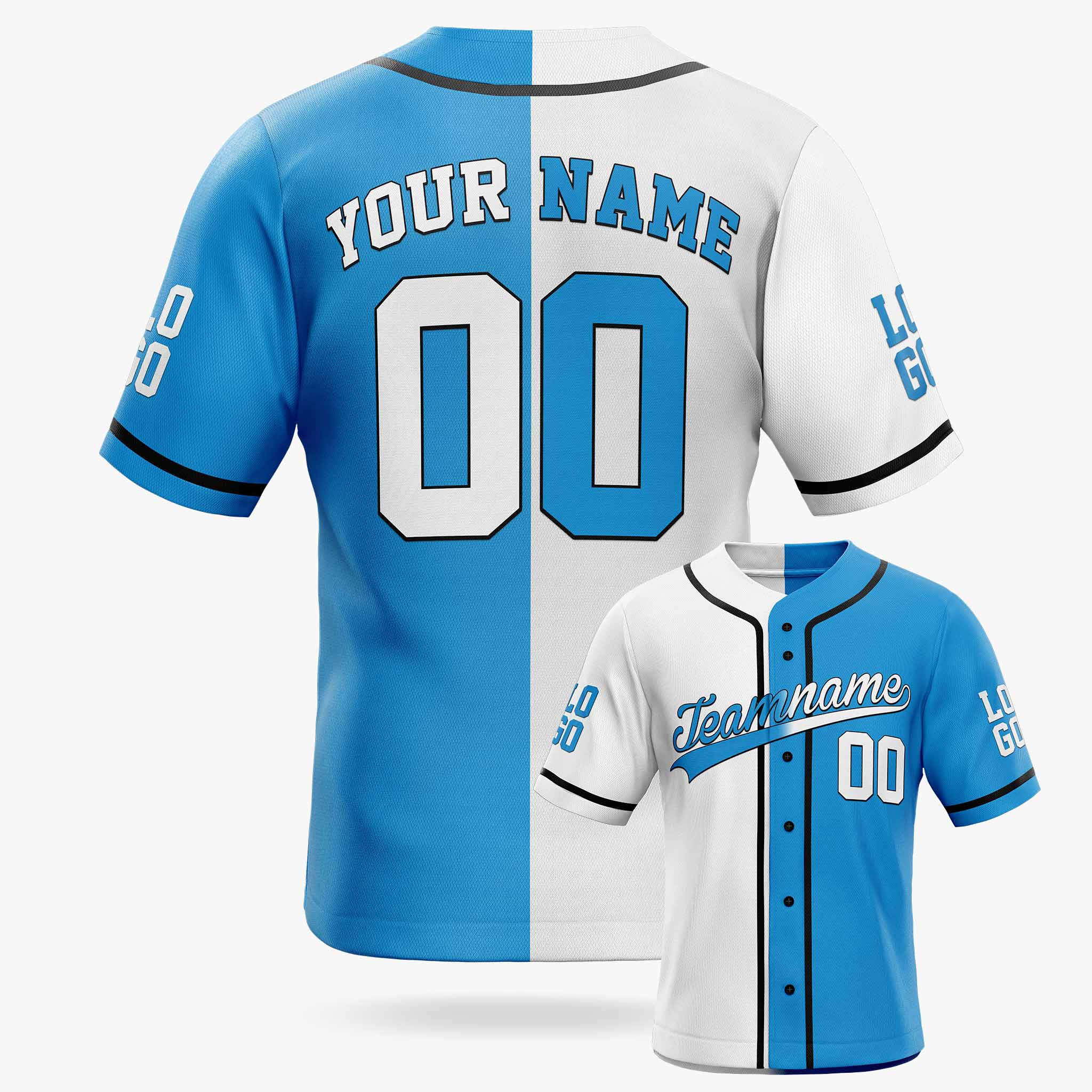 Custom Split Baseball Jersey White and Blue with Black Piping - Design Your Own
