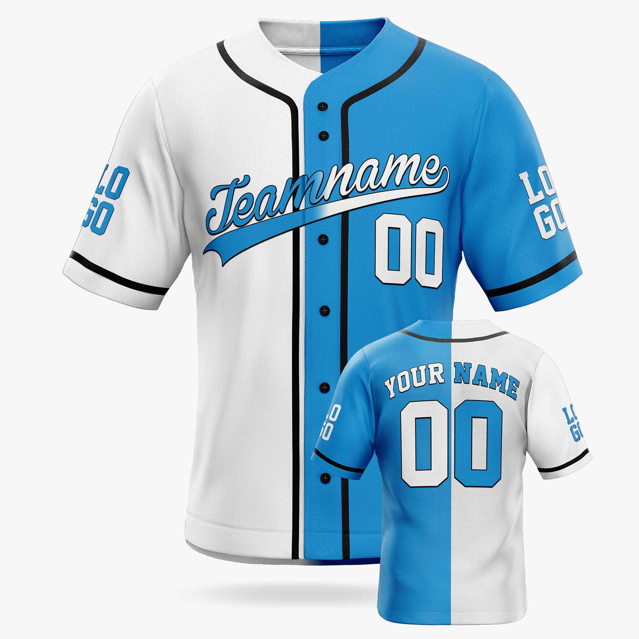 Custom Split Baseball Jersey White and Blue with Black Piping - Design Your Own