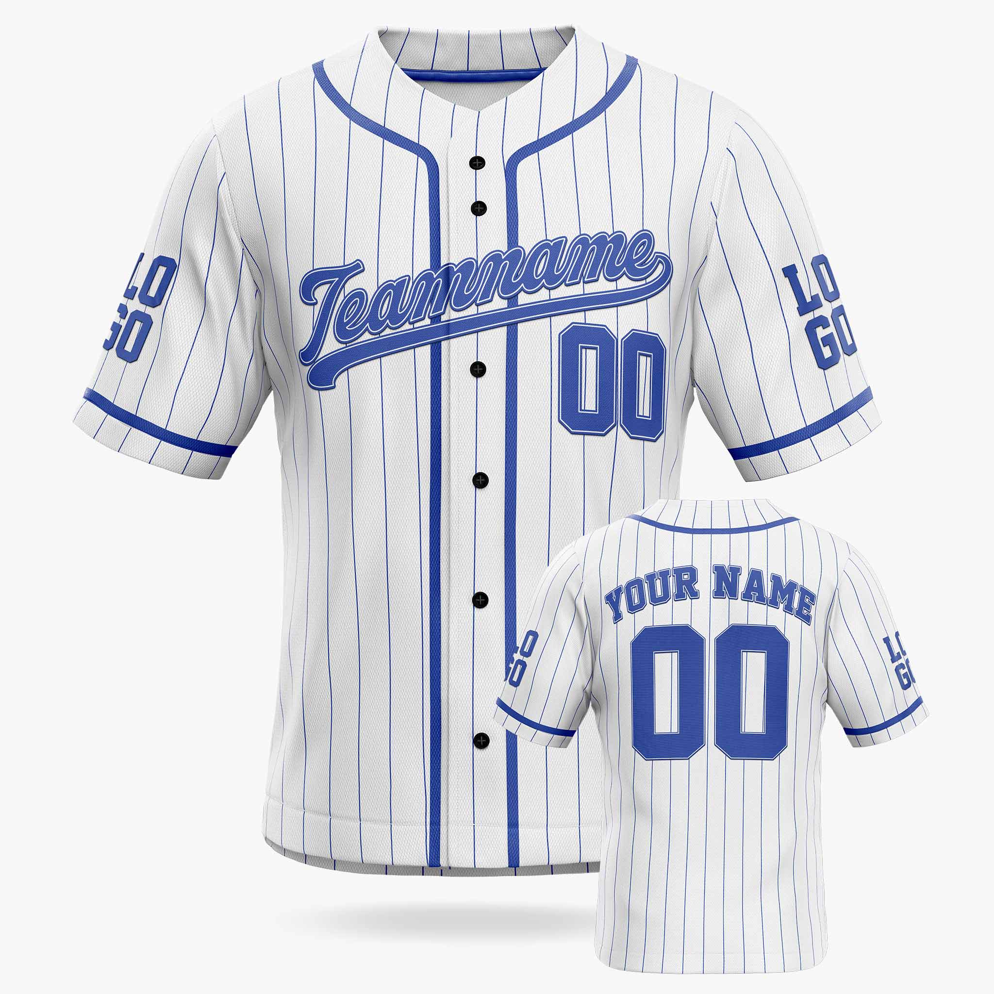 Custom Pinstripe Baseball Jersey White and Blue With Piping - Design Your Own