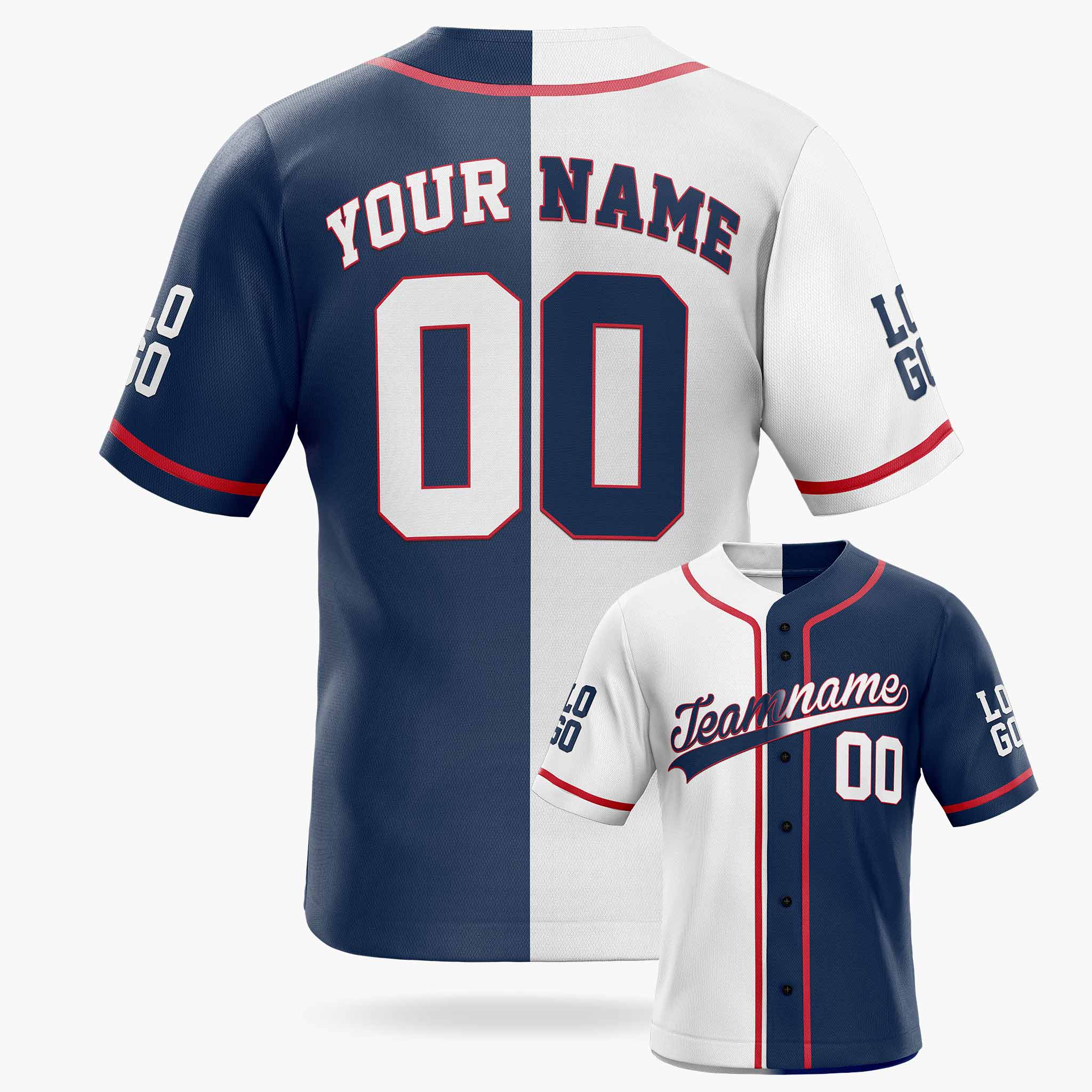 Custom Split Baseball Jersey White and Navy with Red Piping - Design Your Own