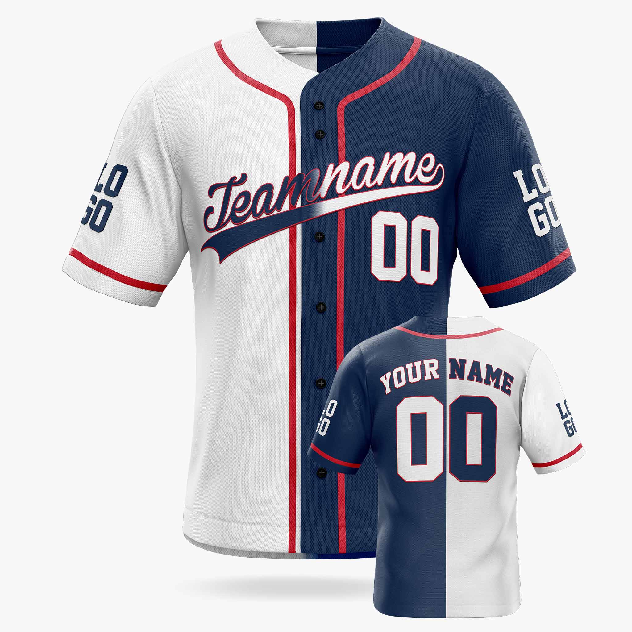 Custom Split Baseball Jersey White and Navy with Red Piping - Design Your Own