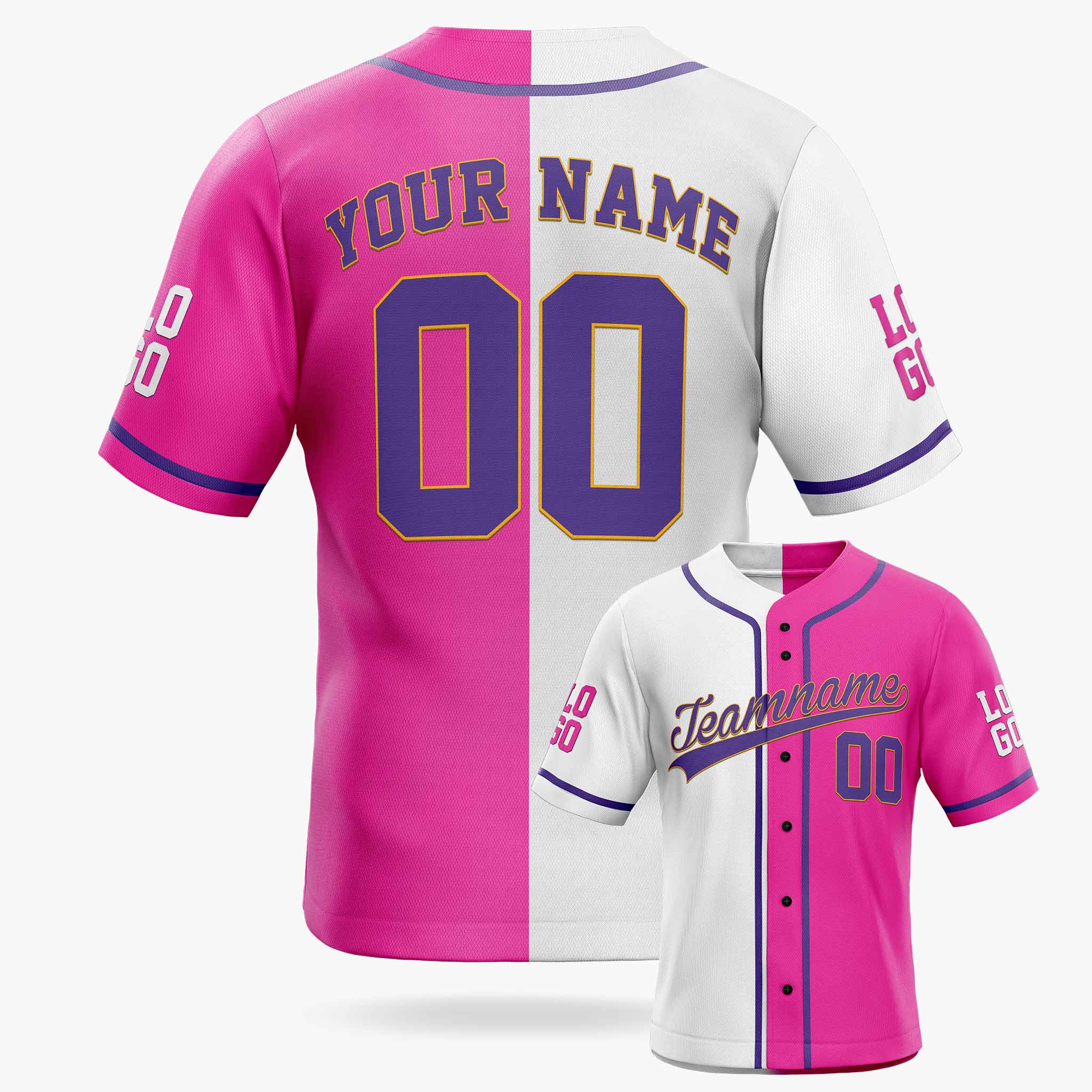 Custom Split Baseball Jersey White and Pink with Purple Piping - Design Your Own