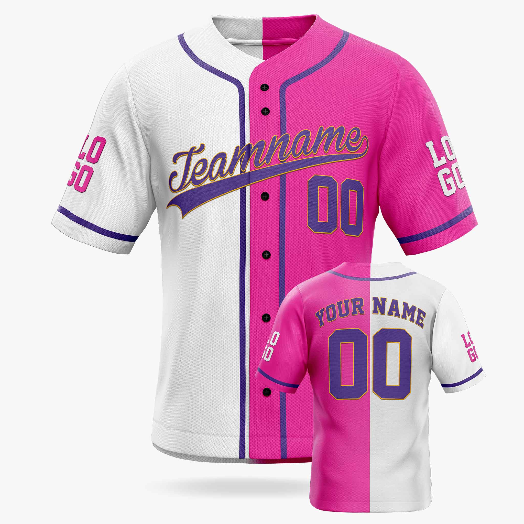 Custom Split Baseball Jersey White and Pink with Purple Piping - Design Your Own