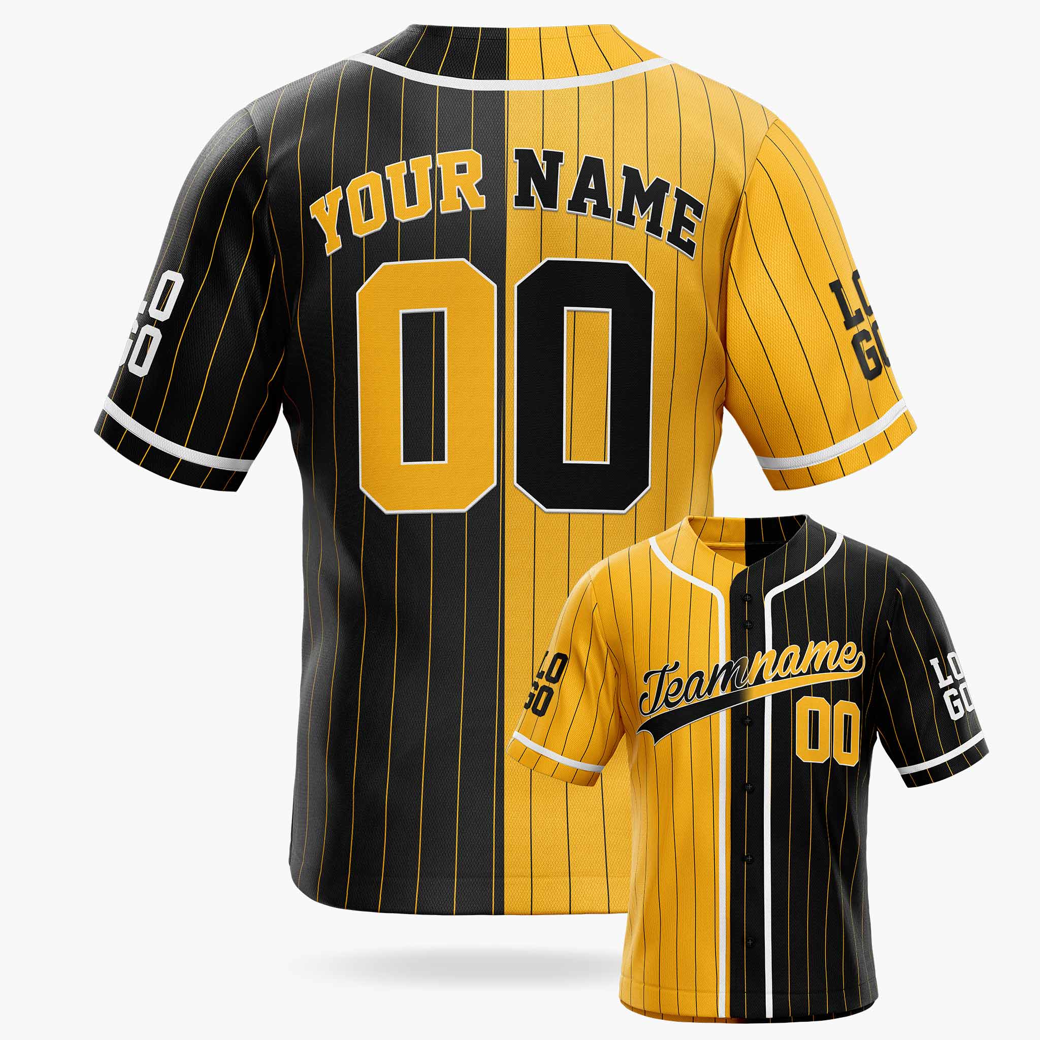 Custom Pinstripe Split Baseball Jersey Yellow and Black with White Piping - Design Your Own