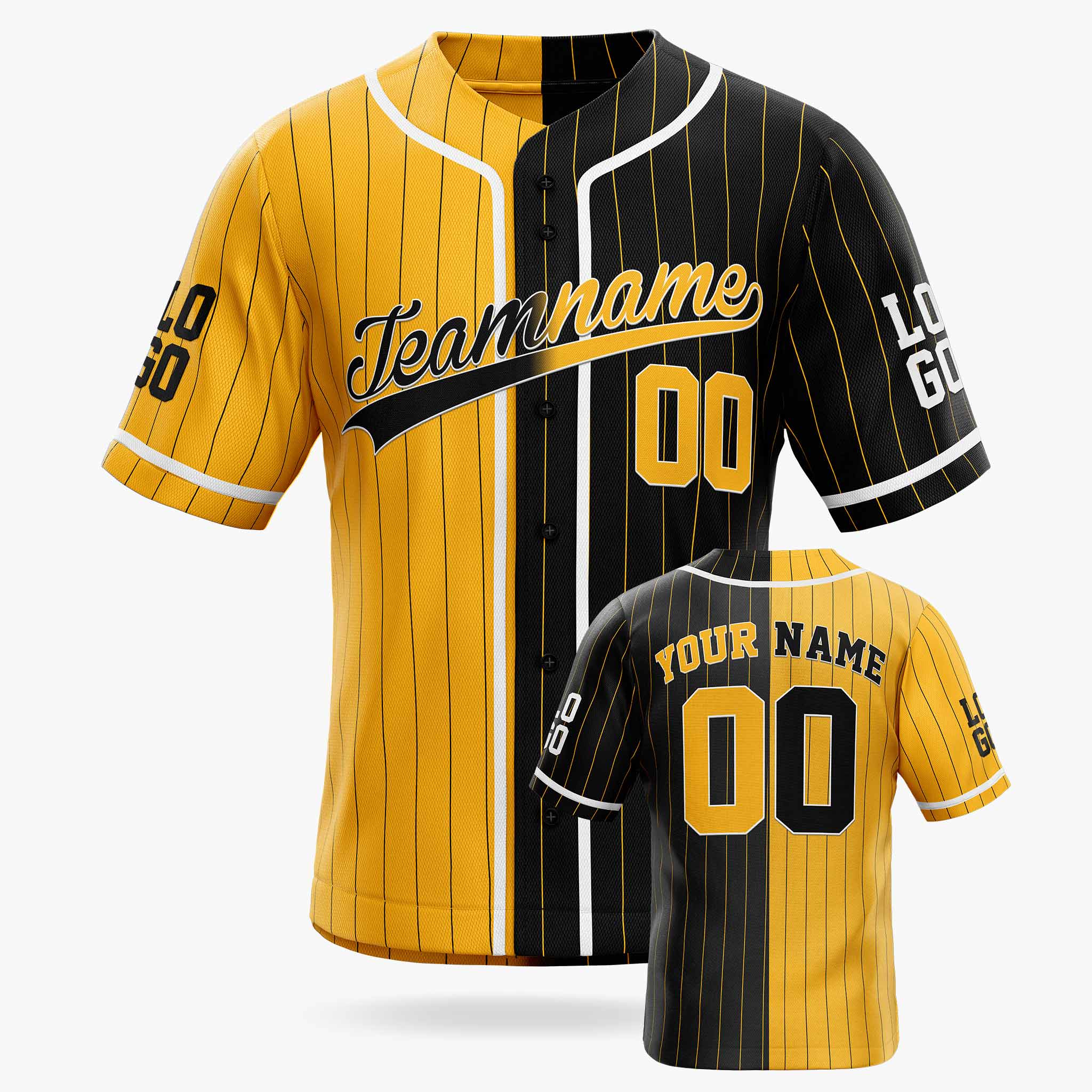 Custom Pinstripe Split Baseball Jersey Yellow and Black with White Piping - Design Your Own
