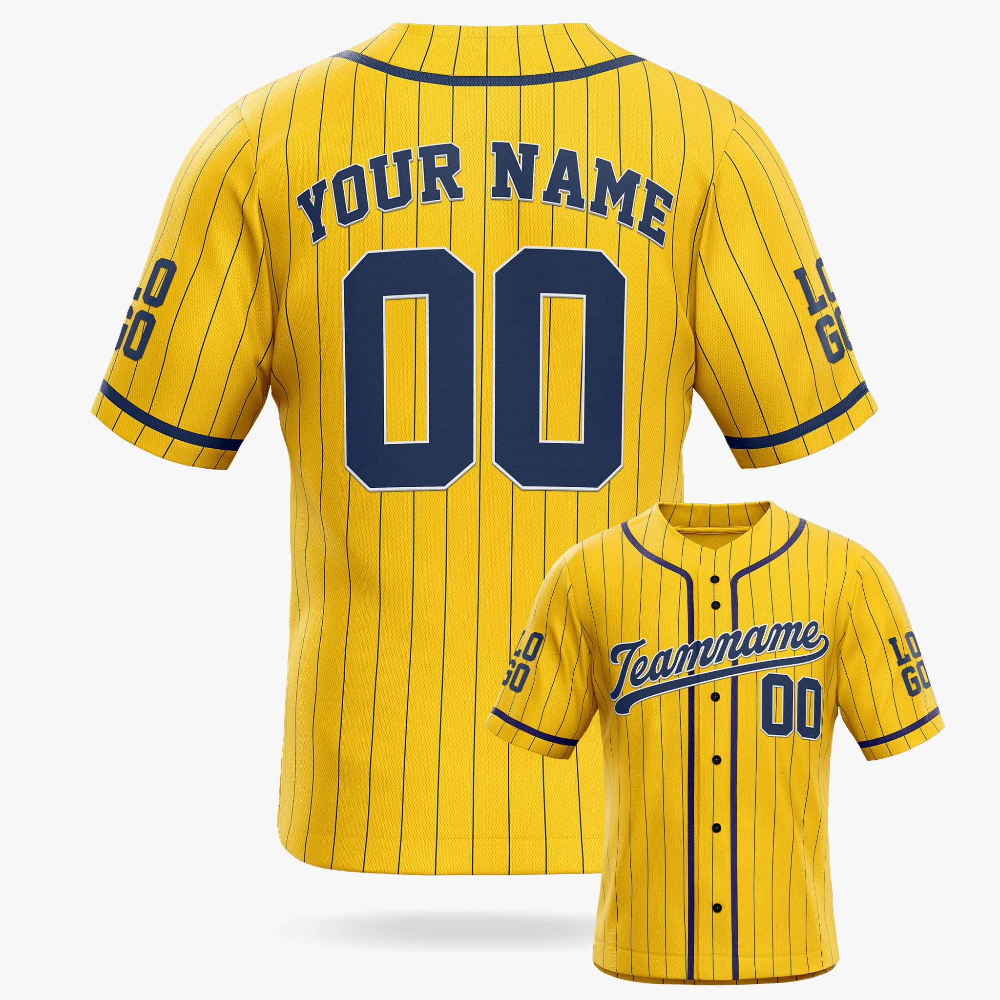 Custom Pinstripe Baseball Jersey Yellow and Navy With Piping - Design Your Own
