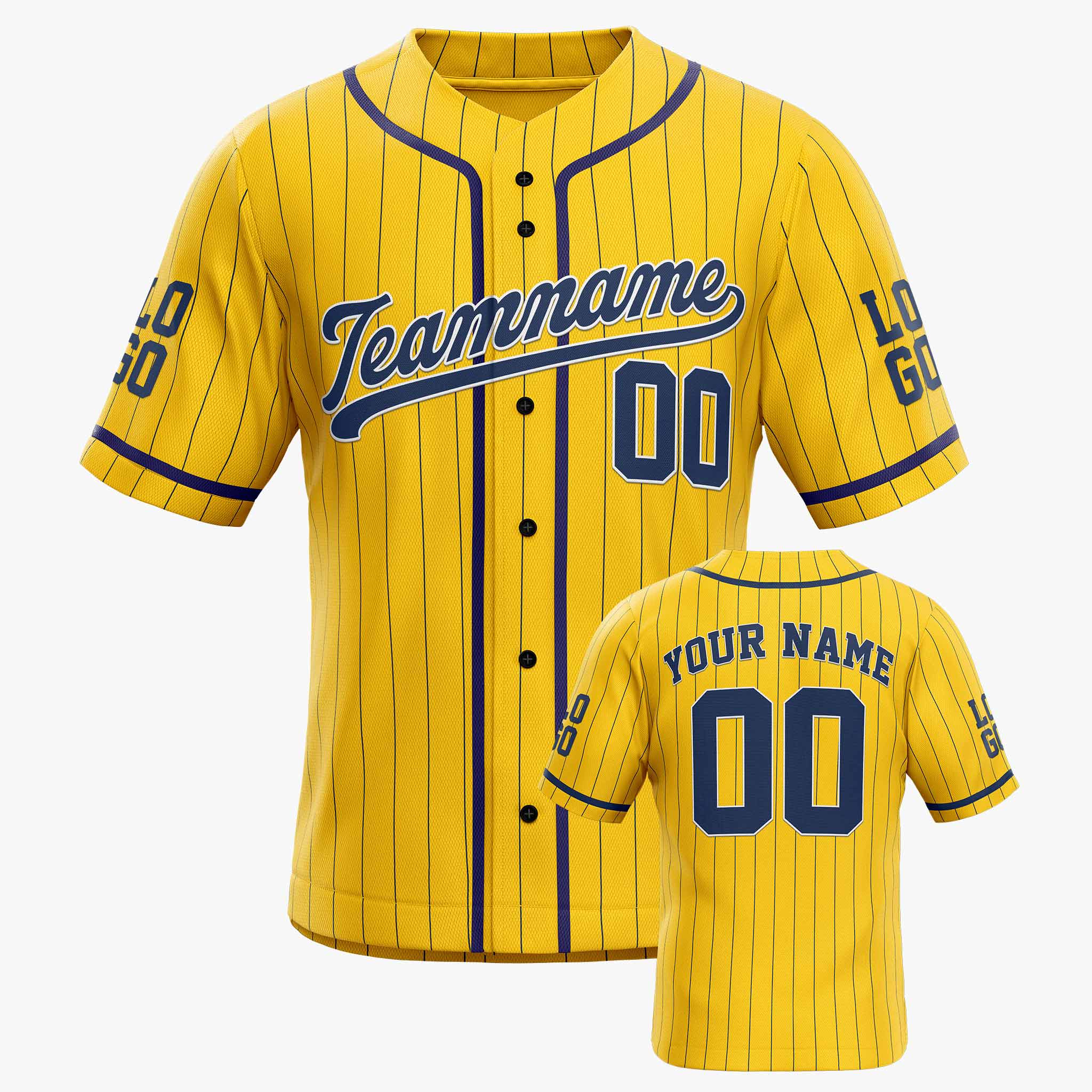 Custom Pinstripe Baseball Jersey Yellow and Navy With Piping - Design Your Own
