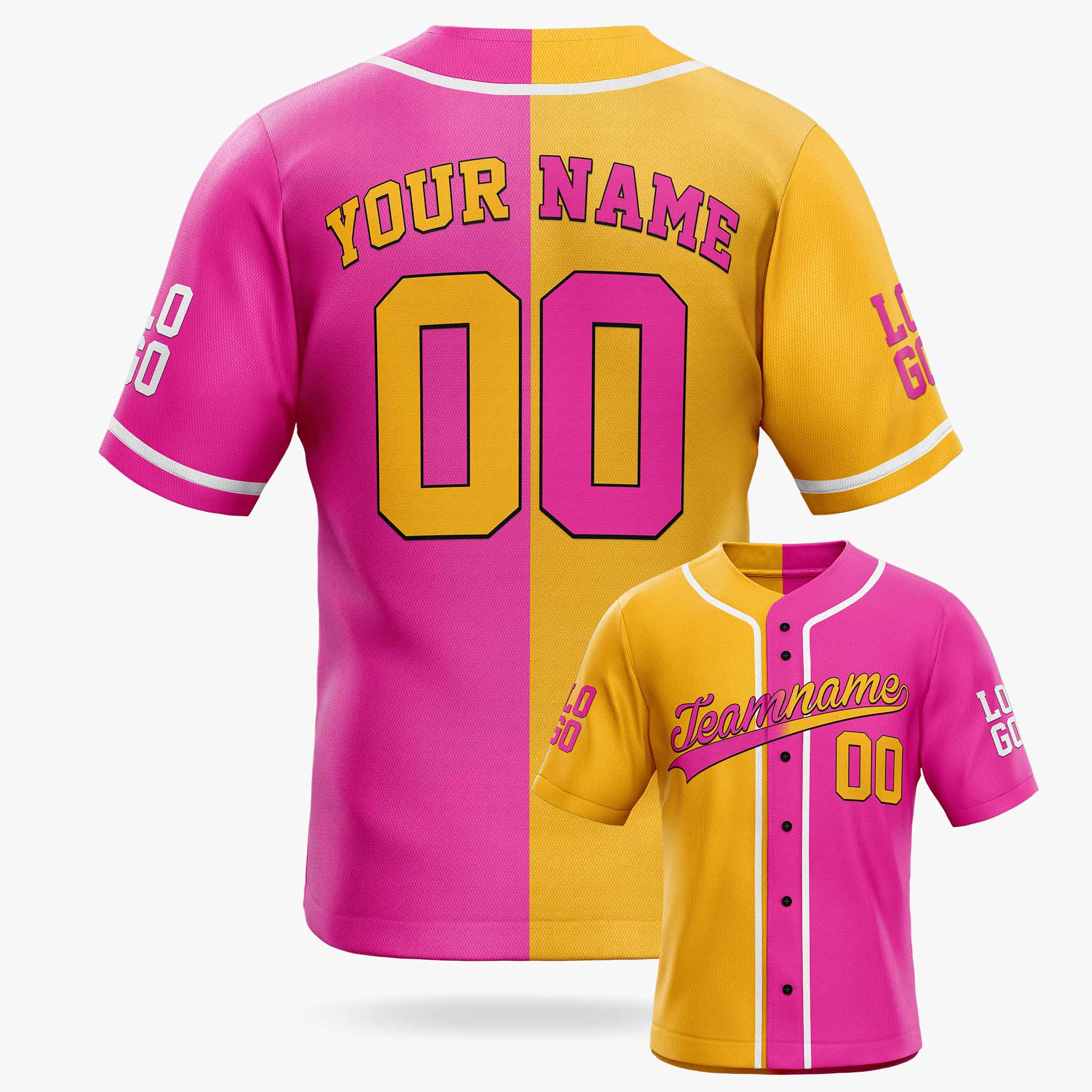 Custom Split Baseball Jersey Yellow and Pink with White Piping - Design Your Own