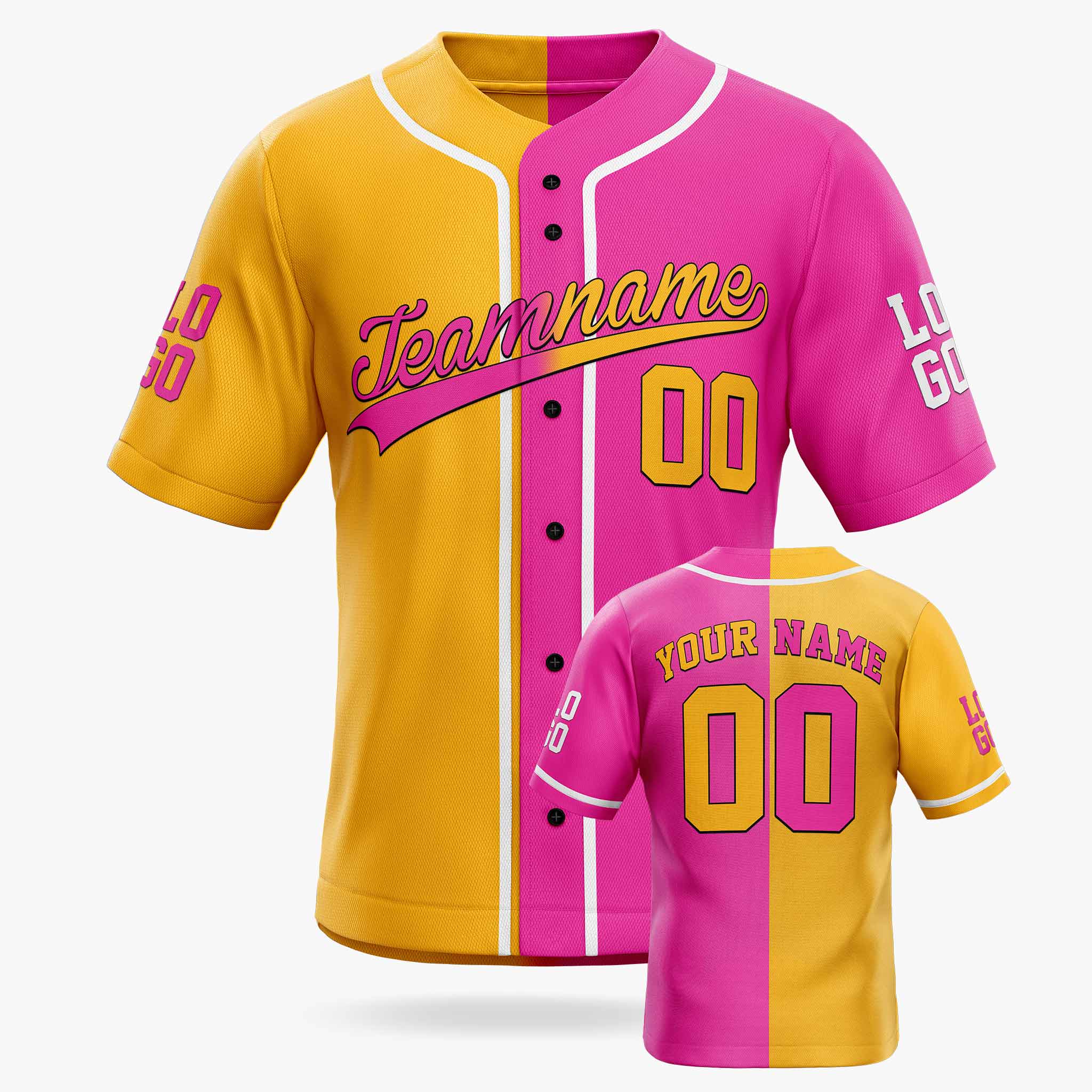 Custom Split Baseball Jersey Yellow and Pink with White Piping - Design Your Own