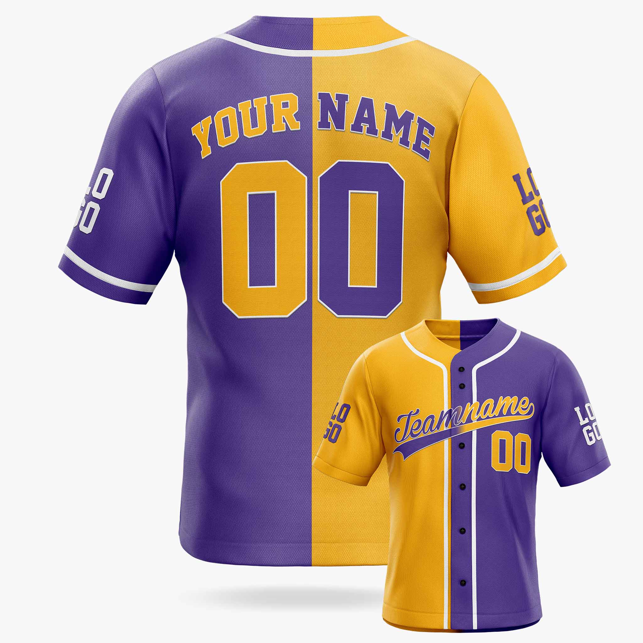 Custom Split Baseball Jersey Yellow and Purple with White Piping - Design Your Own
