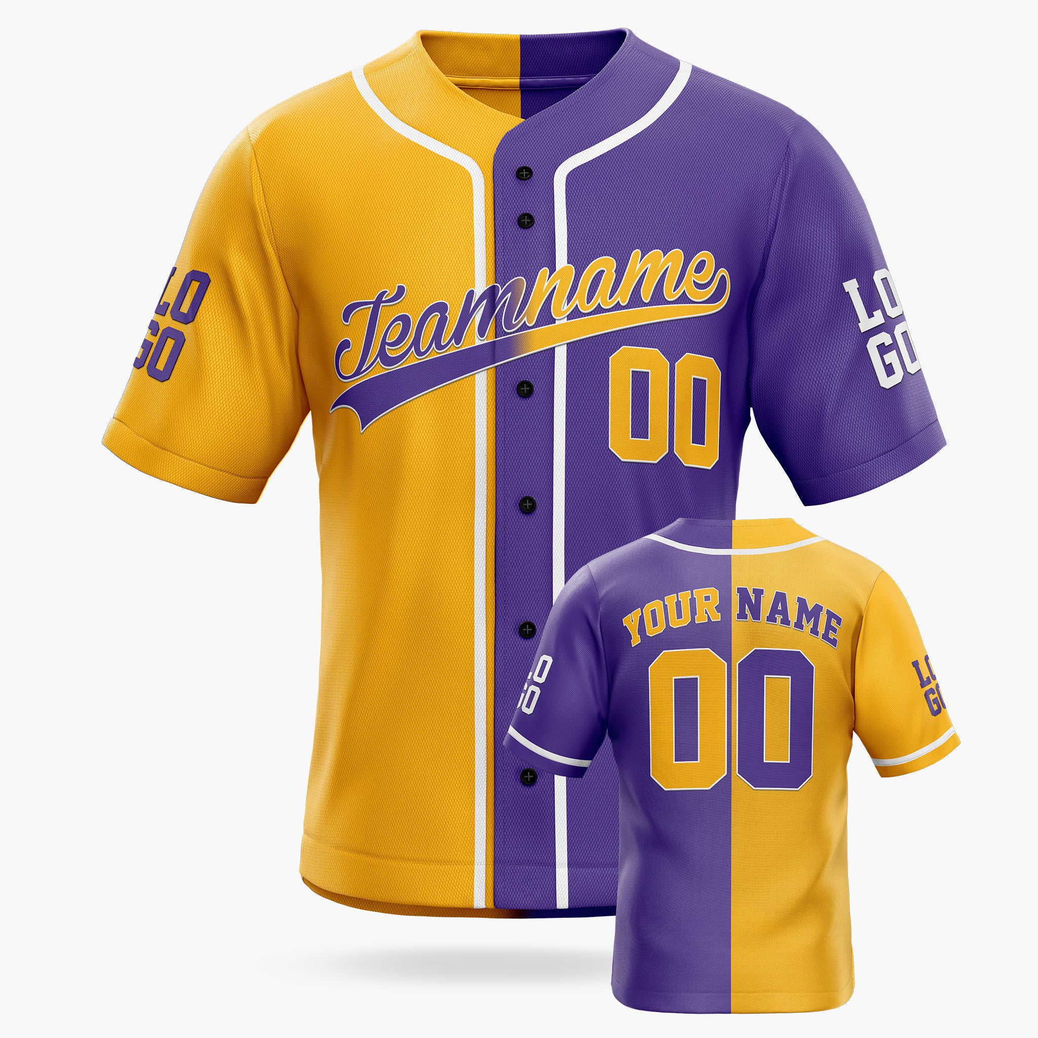 Custom Split Baseball Jersey Yellow and Purple with White Piping - Design Your Own