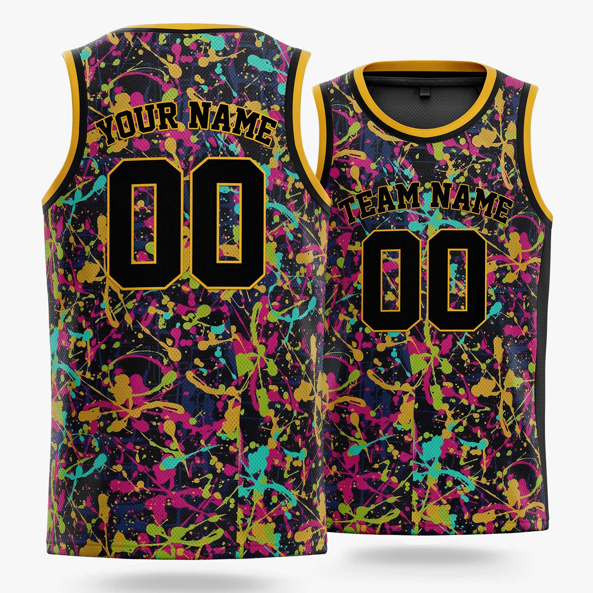 Custom Basketball Jersey Black and Gold Paint Splatter - Design Your Own