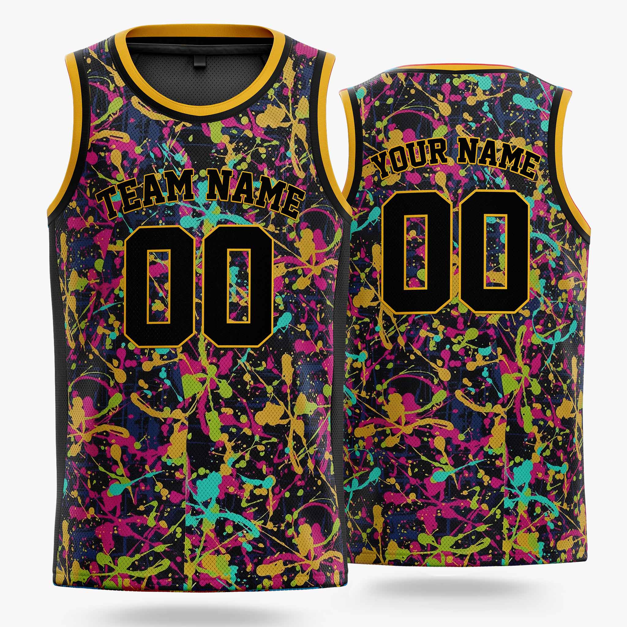 Custom Basketball Jersey Black and Gold Paint Splatter - Design Your Own
