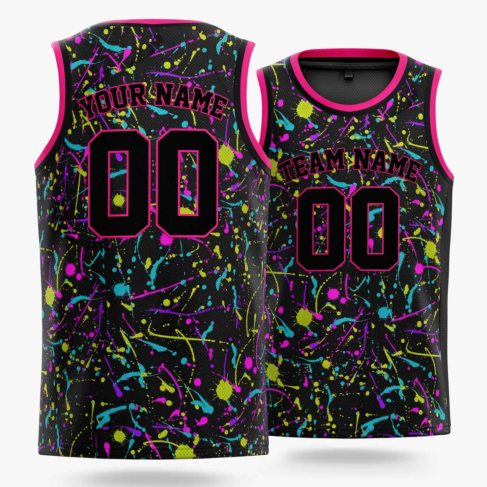Custom Basketball Jersey Black and Pink Paint Splatter - Design Your Own