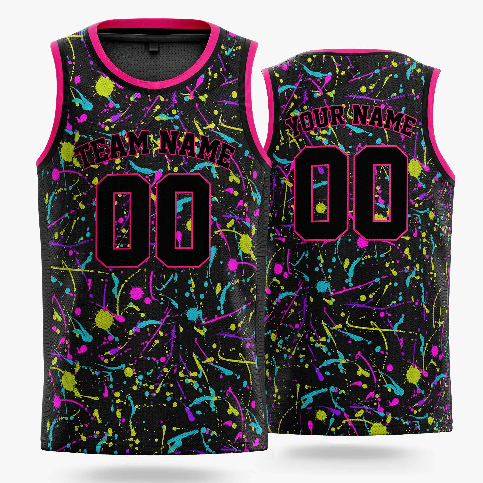 Custom Basketball Jersey Black and Pink Paint Splatter - Design Your Own