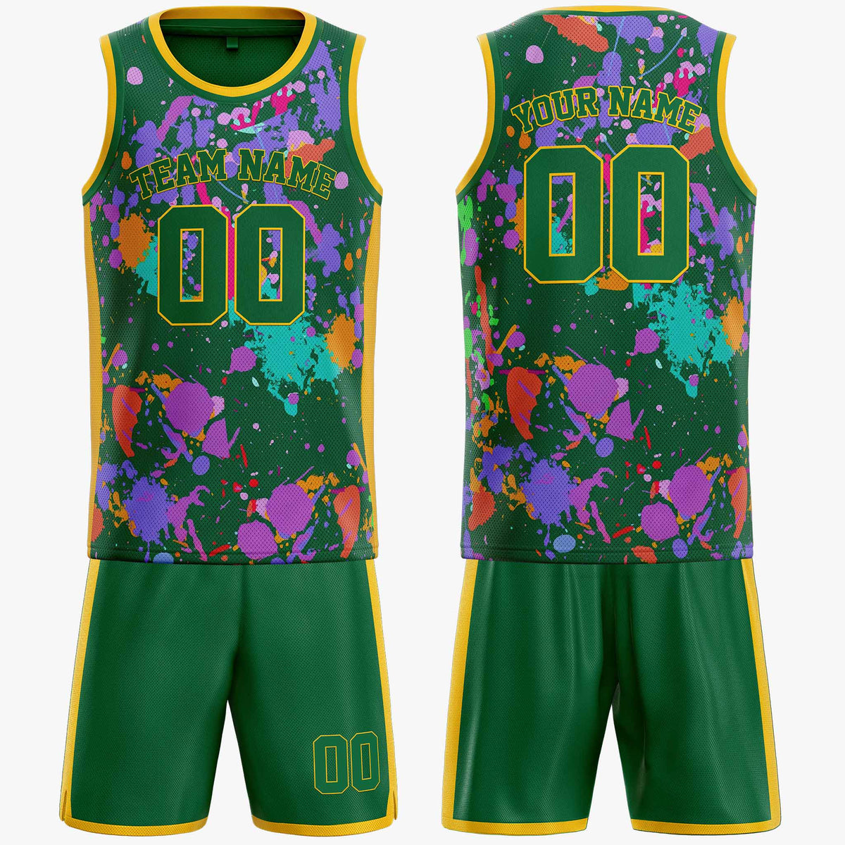 Custom Basketball Jersey Kelly Green and Gold Paint Splatter - Design Your Own