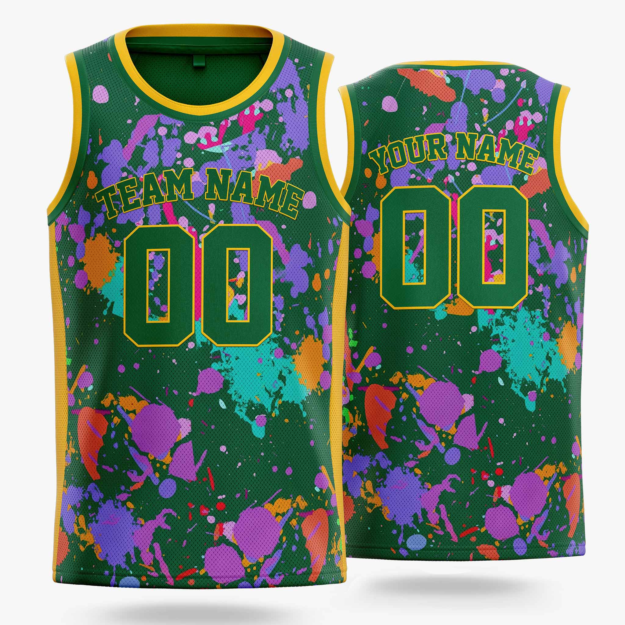 Custom Basketball Jersey Kelly Green and Gold Paint Splatter - Design Your Own