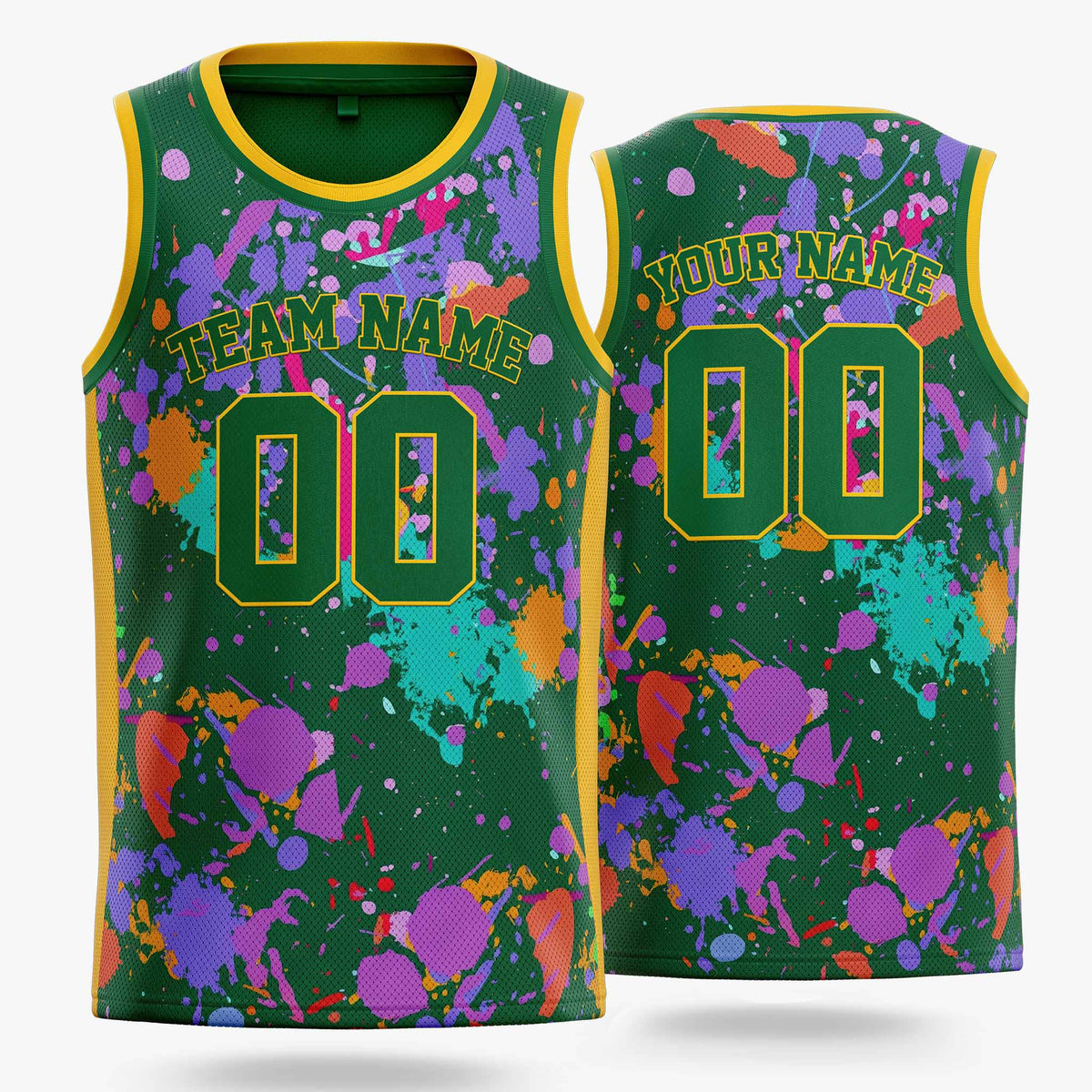 Custom Basketball Jersey Kelly Green and Gold Paint Splatter - Design Your Own