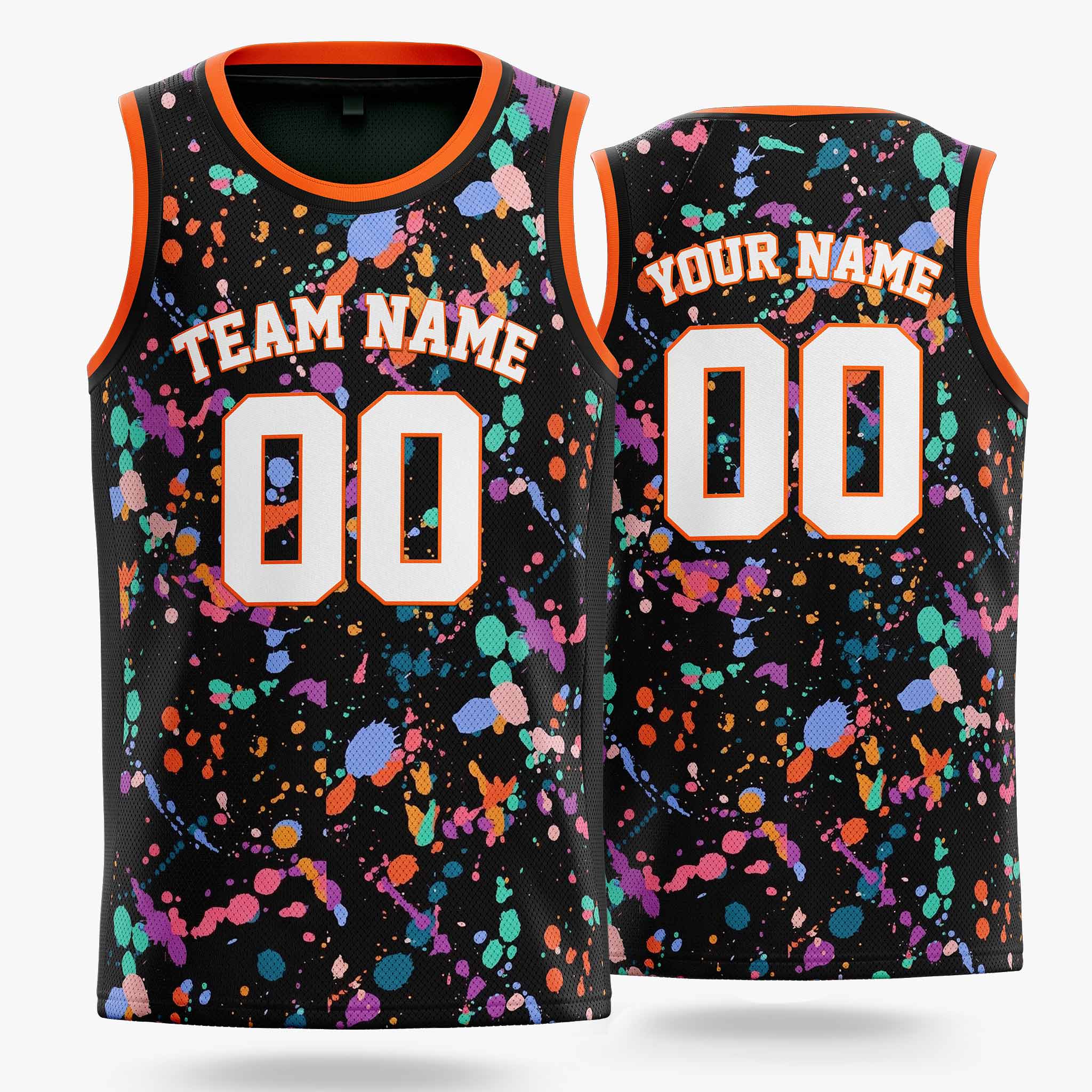 Custom Basketball Jersey White and Orange Paint Splatter - Design Your Own
