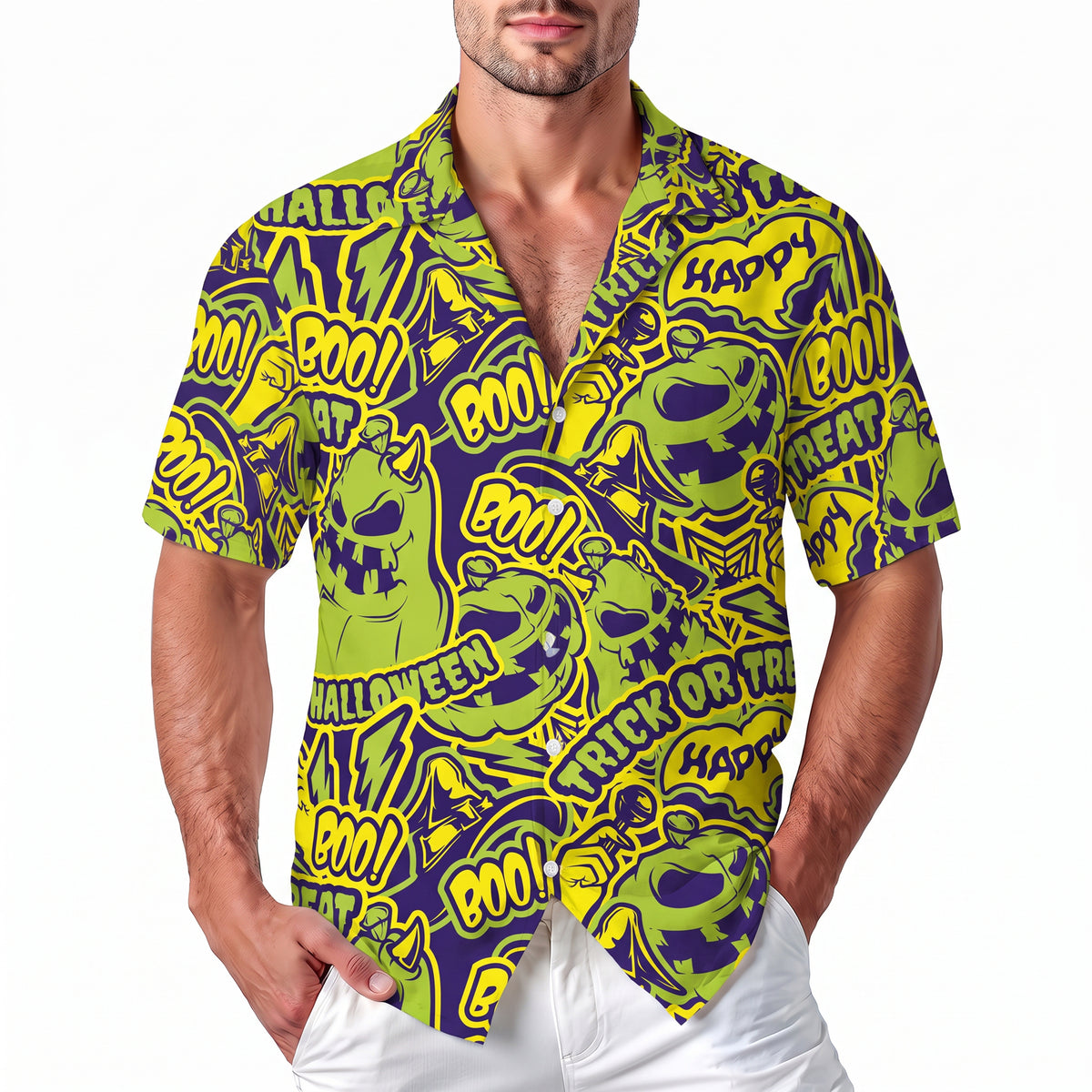 Halloween Hawaiian Shirt - Boo Trick or Treat Pumpkin Graphic Button Up