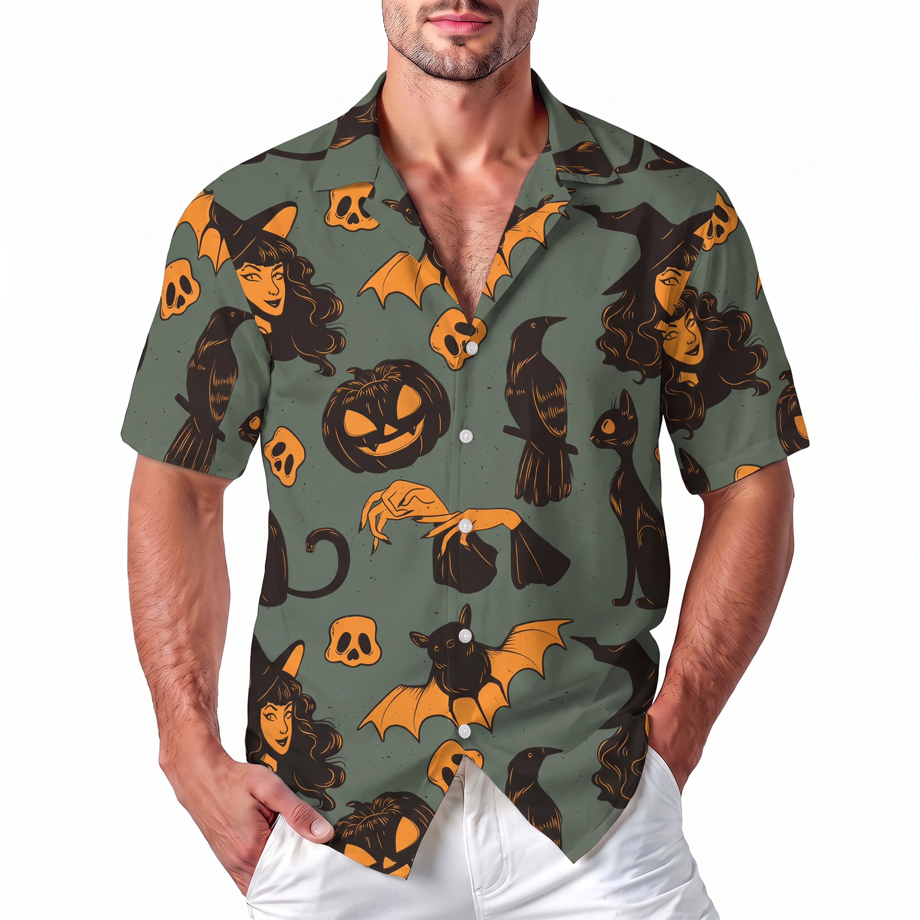 Halloween Hawaiian Shirt - Vintage Witch Black Cat Crow Pumpkin Button Up