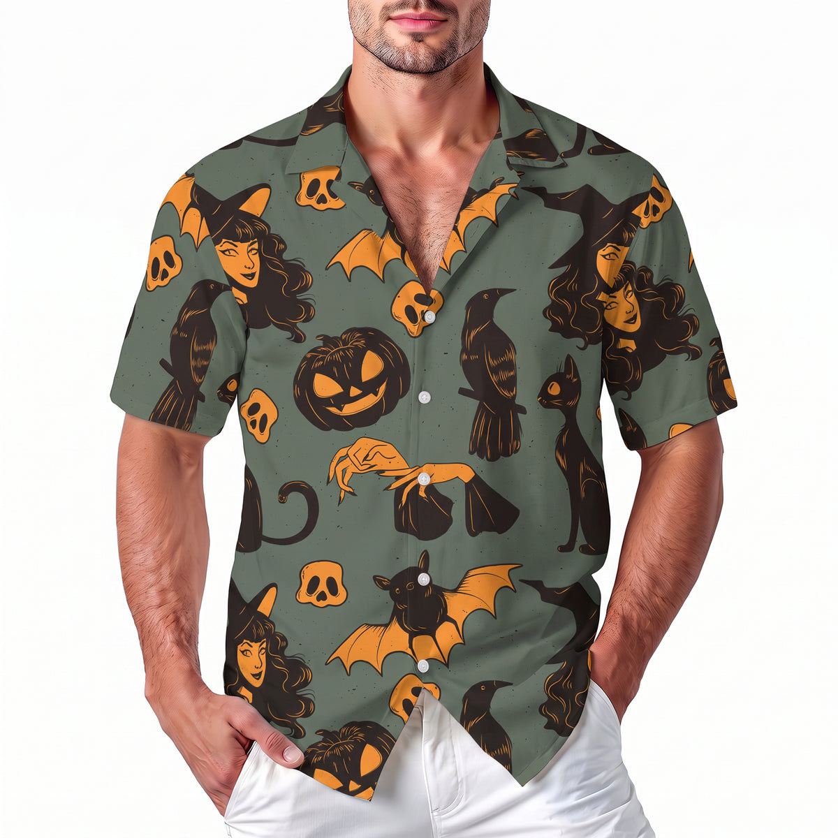 Halloween Hawaiian Shirt - Vintage Witch Black Cat Crow Pumpkin Button Up