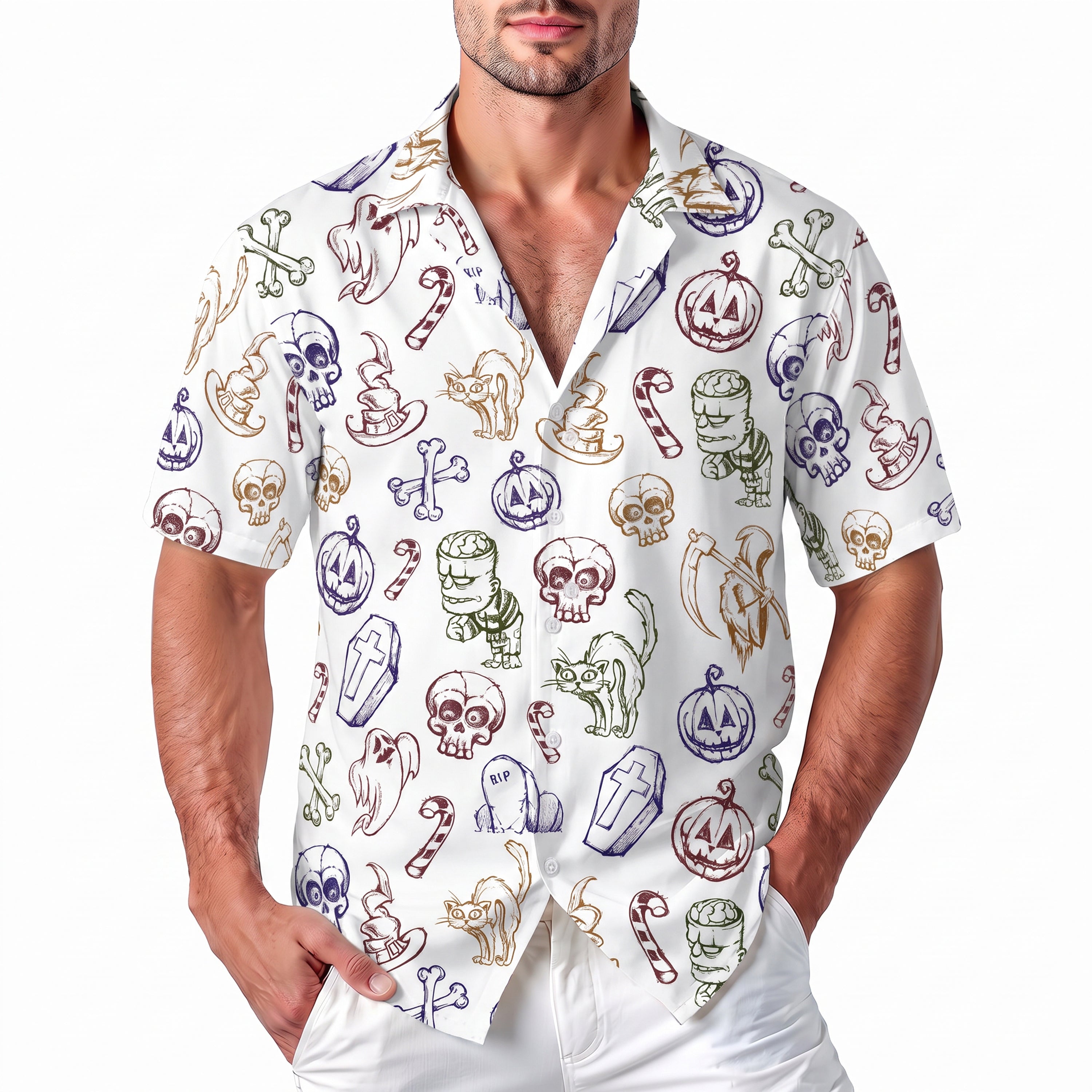 Halloween Hawaiian Shirt - Spooky Doodle Skull Pumpkin Ghost Button Up
