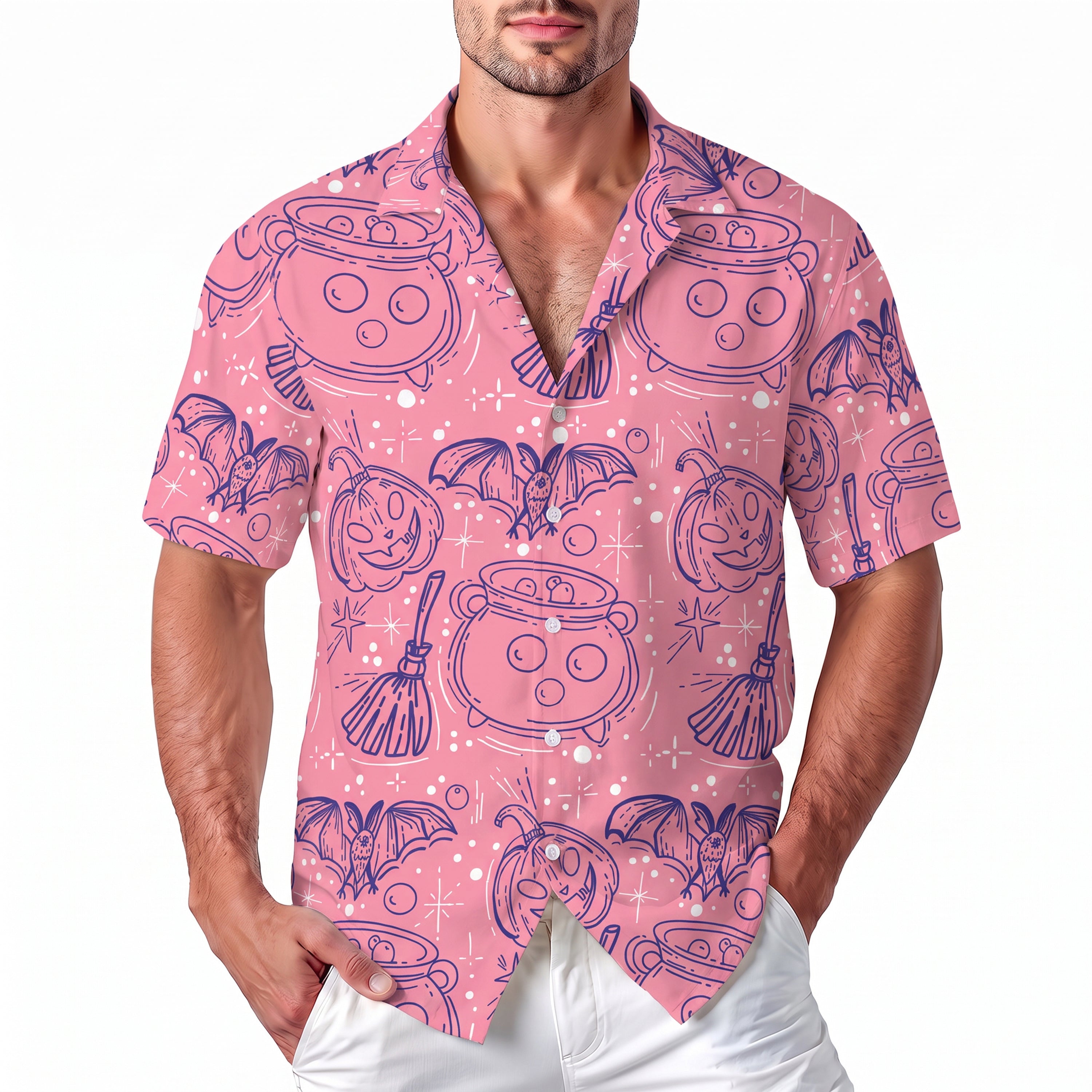 Halloween Hawaiian Shirt - Pink Witch Cauldron Pumpkin Bat Button Up