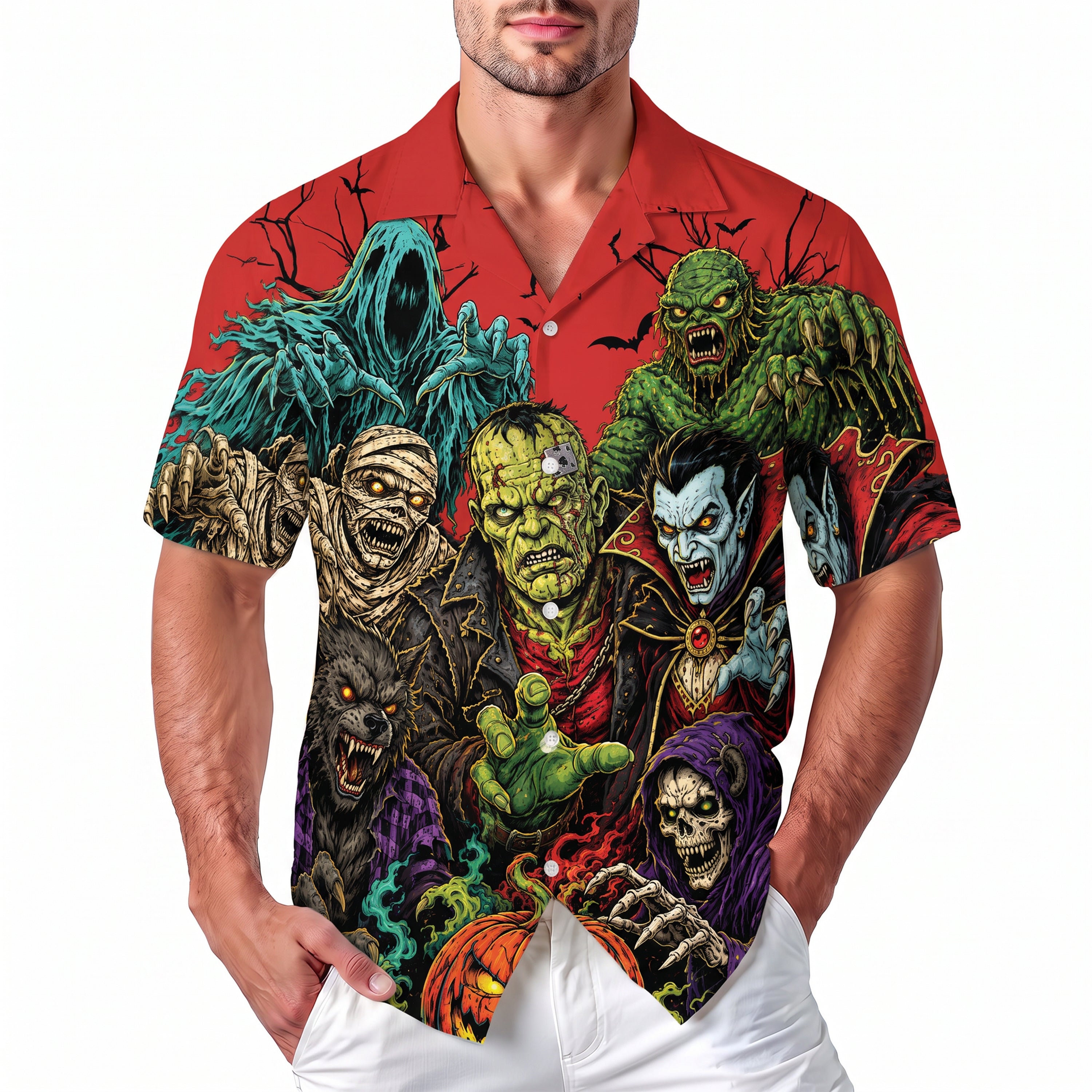Halloween Hawaiian Shirt - Classic Horror Monsters Short Sleeve Button Up