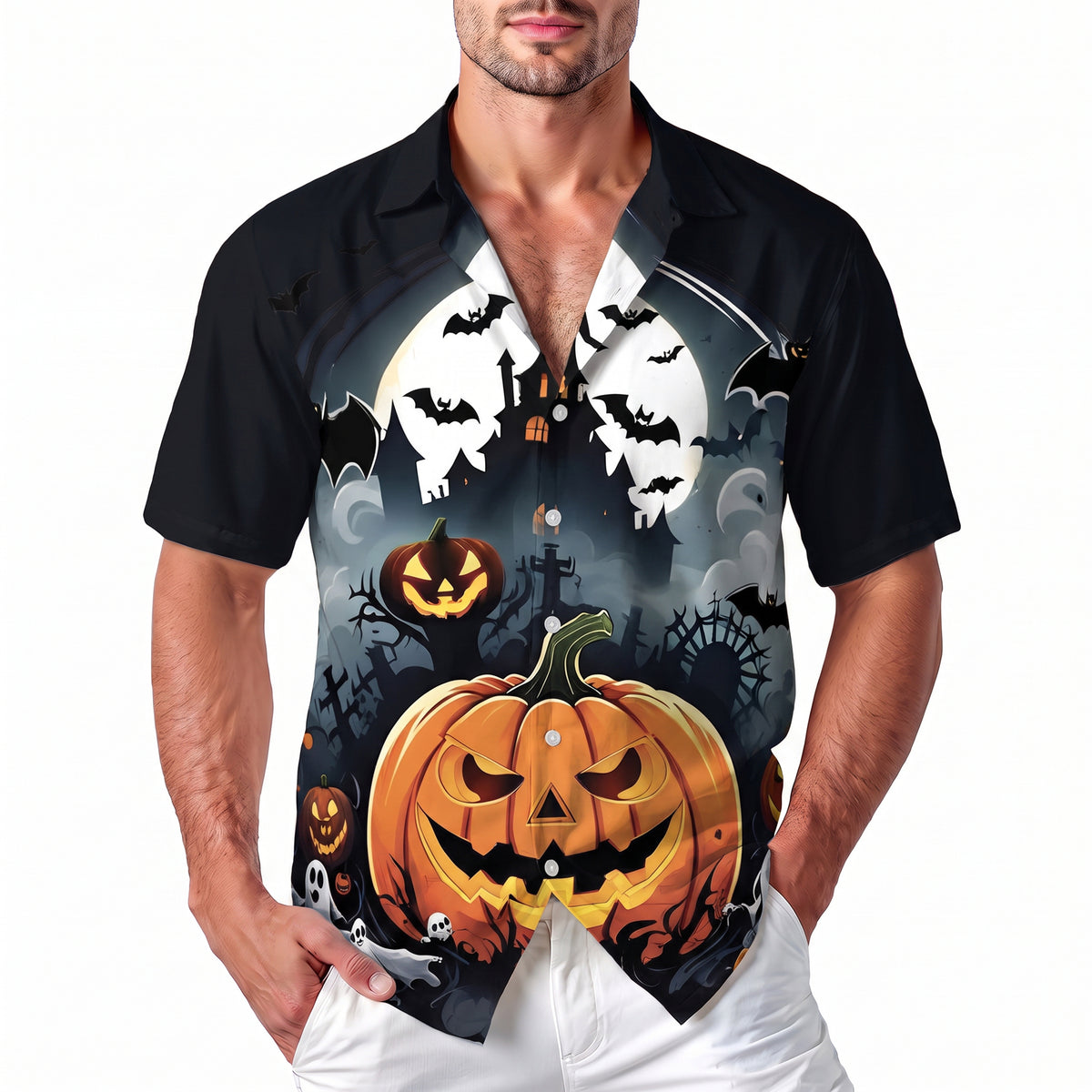 Halloween Hawaiian Shirt - Haunted House Pumpkin Bat Spooky Button Up