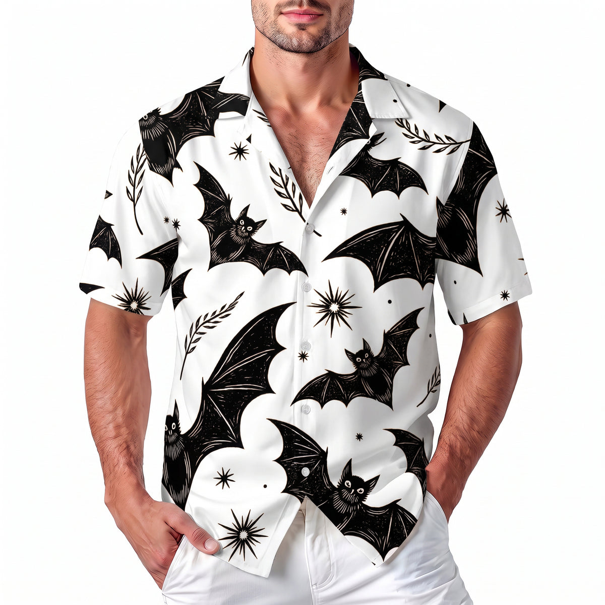 Halloween Hawaiian Shirt - Black Bat Pattern White Spooky Button Up