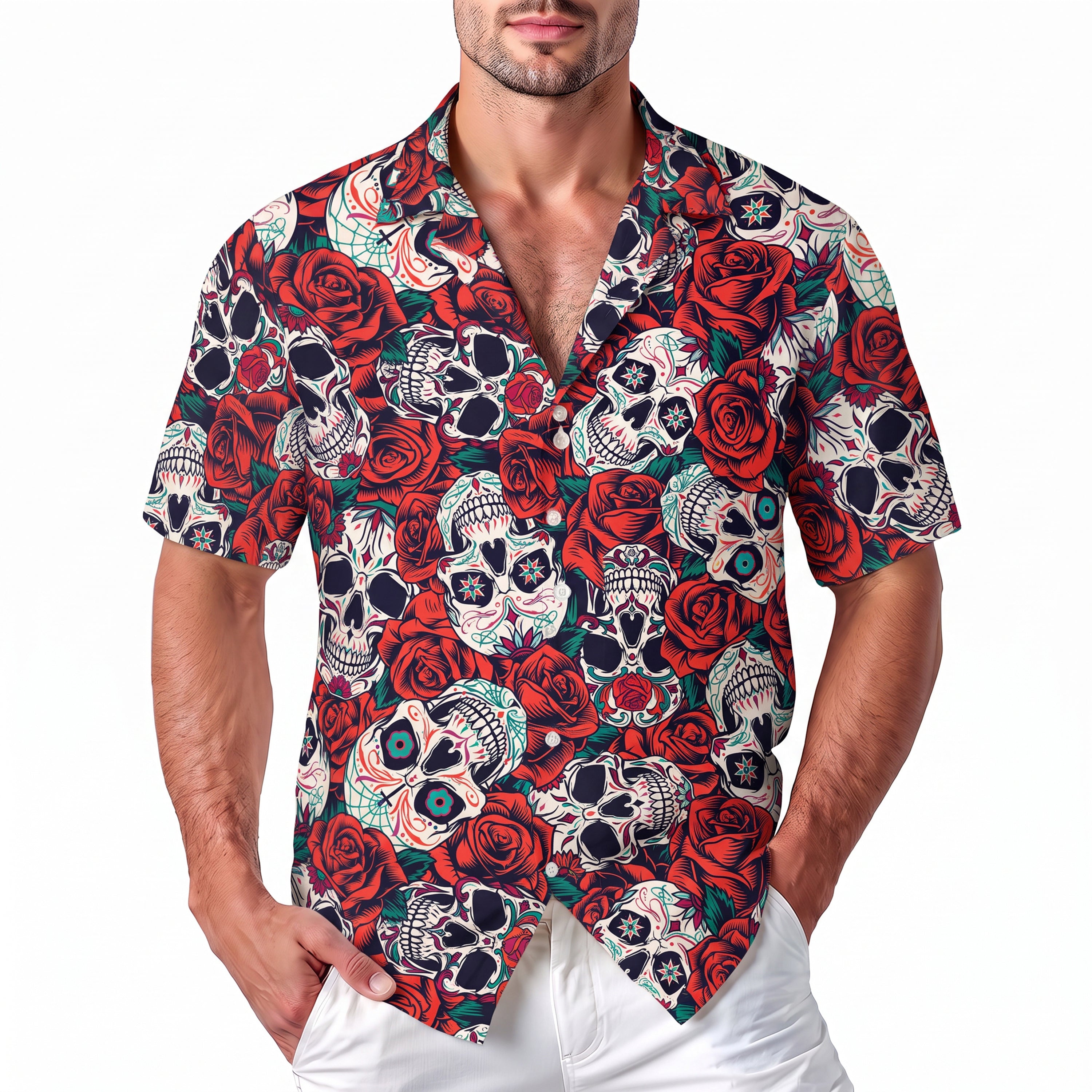 Halloween Hawaiian Shirt - Sugar Skull and Red Roses Button Up Shirt